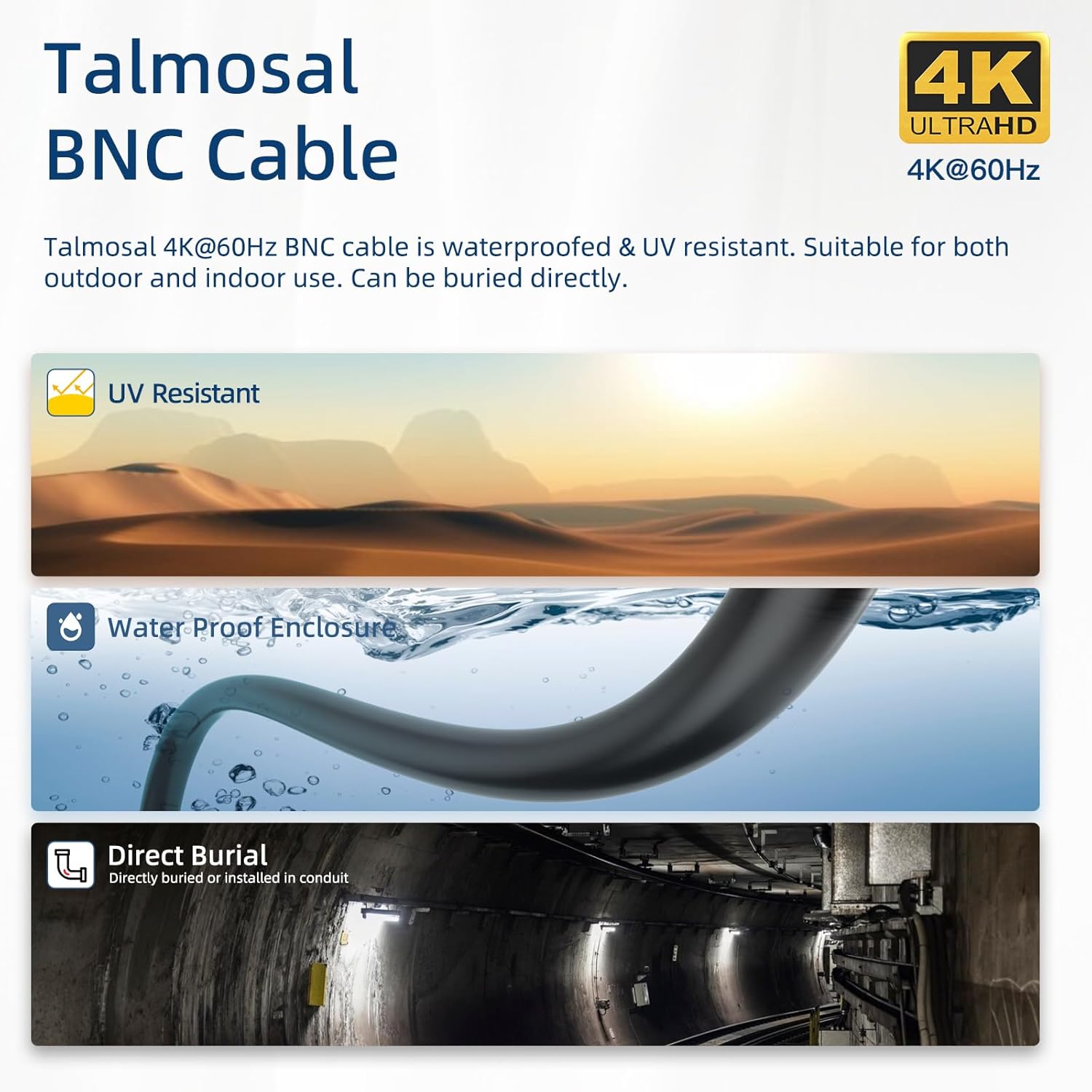 Talmosal 12G SDI coax cable, 50 ft RG11 BNC cable supporting 4K, 8K, HD-SDI, 3G-SDI, 6G-SDI for professional video.