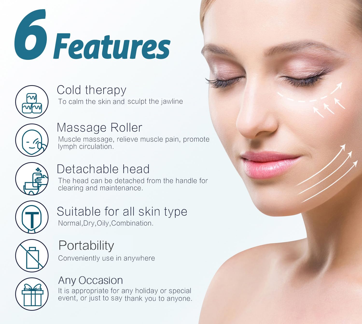 ESARORA Ice Roller face and eye massager with metal roller balls for puffiness and pain relief, shown resting on a white surface.
