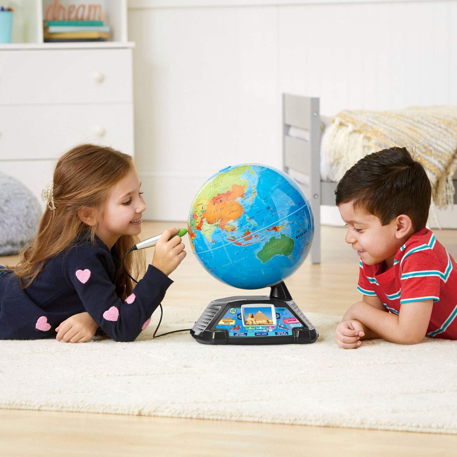 LeapFrog Magic Adventures Globe in frustration-free packaging, showing a colorful educational globe with interactive features and vibrant map details.