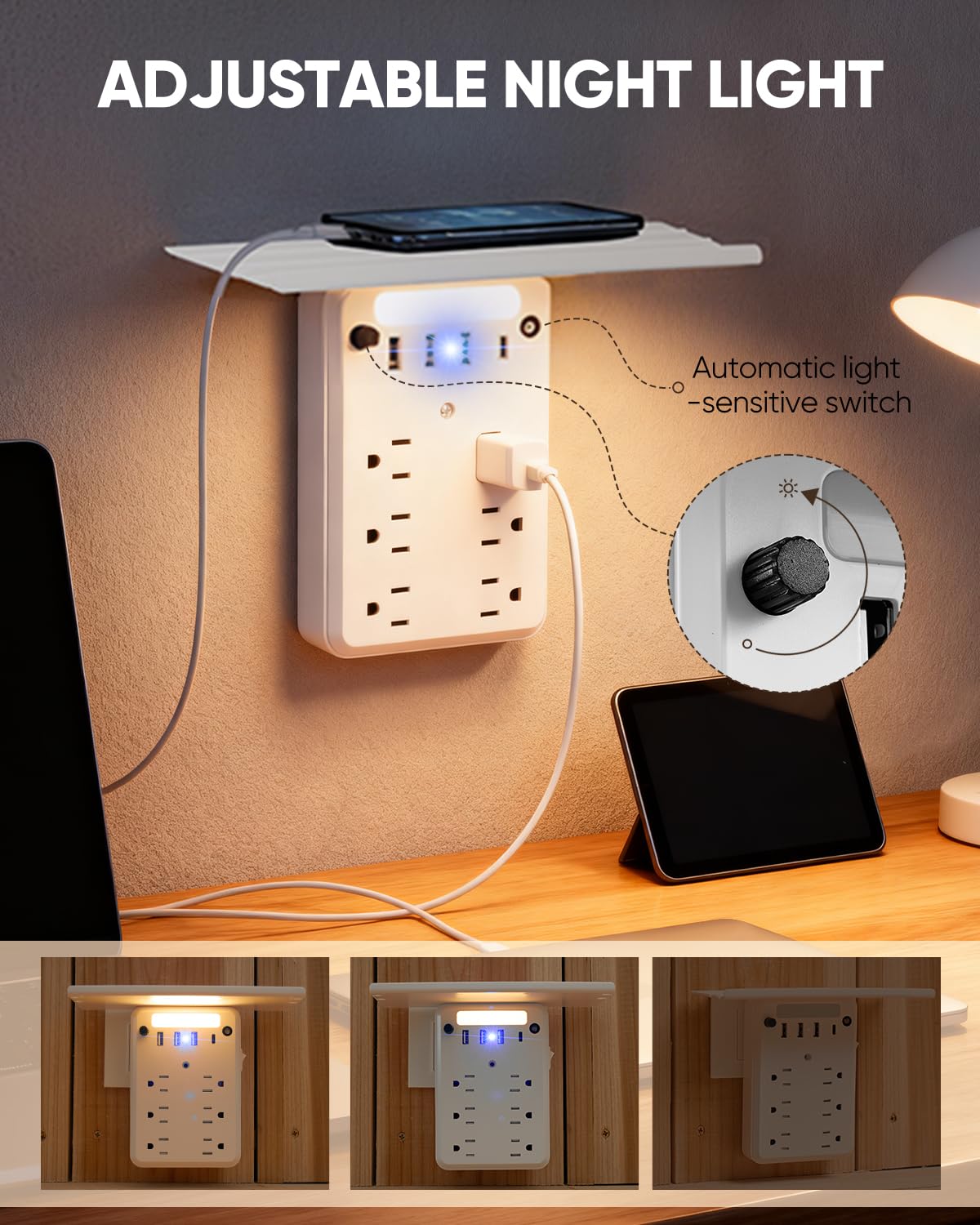 Saker Outlet Extender with Night Light 6 AC 4 USB Surge - Saker Official Imagery - 5
