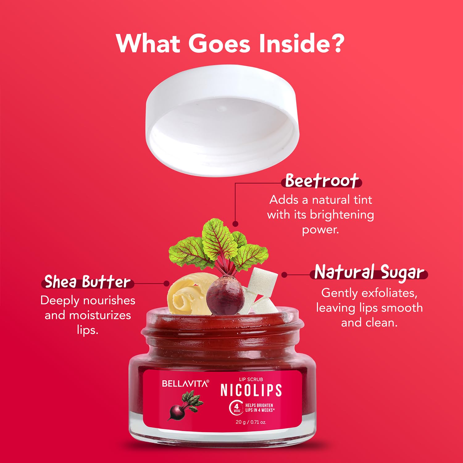 BellaVita Luxury NicoLips Lip Scrub 20gm | Lip Balm For Exfoliation & Dark Lip Moisturizing | With Goodness of Beetroot, Shea Butter & Walnut Lip Scrub | Lip scrubber exfoliator for Women and Men - BELLAVITA Official Product View 5