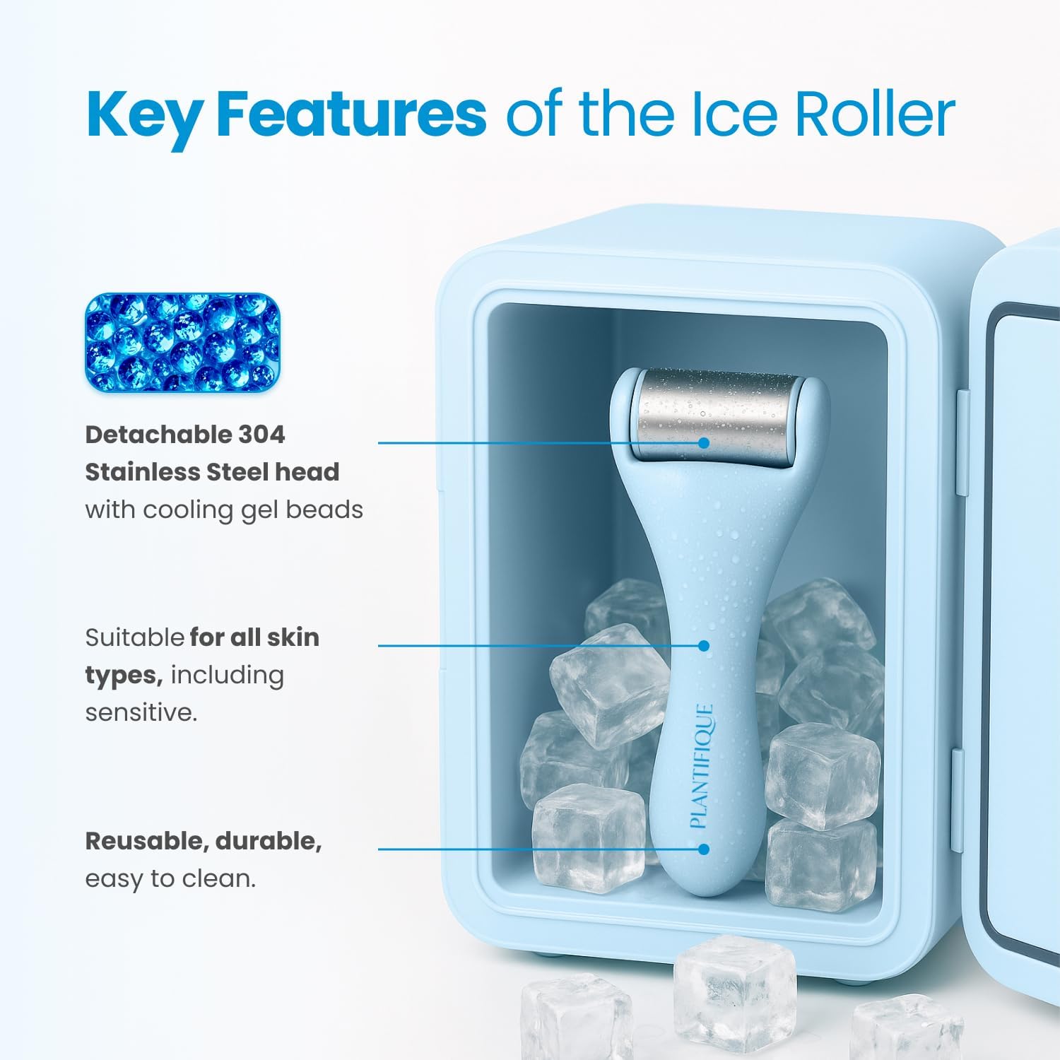 PLANTIFIQUE Facial Ice Roller and Stainless Steel Gua Sha Set for skin cooling and facial massage, shown on a neutral background.