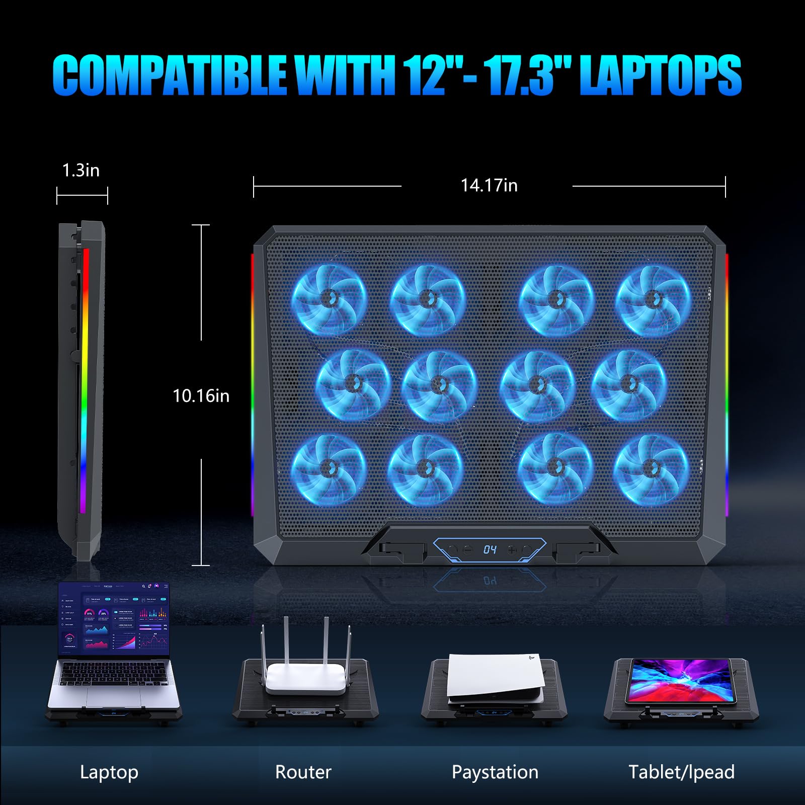 Trullypine Laptop Cooling Pad with 12 Quiet Fans, Slim Portable for 12-17.3 Inch Laptop Cooler Stand, RGB Lighting, with 5 Height Adjustable, Gaming Cooling Fan Pad,Two USB Ports, Phone Holder (LCD)