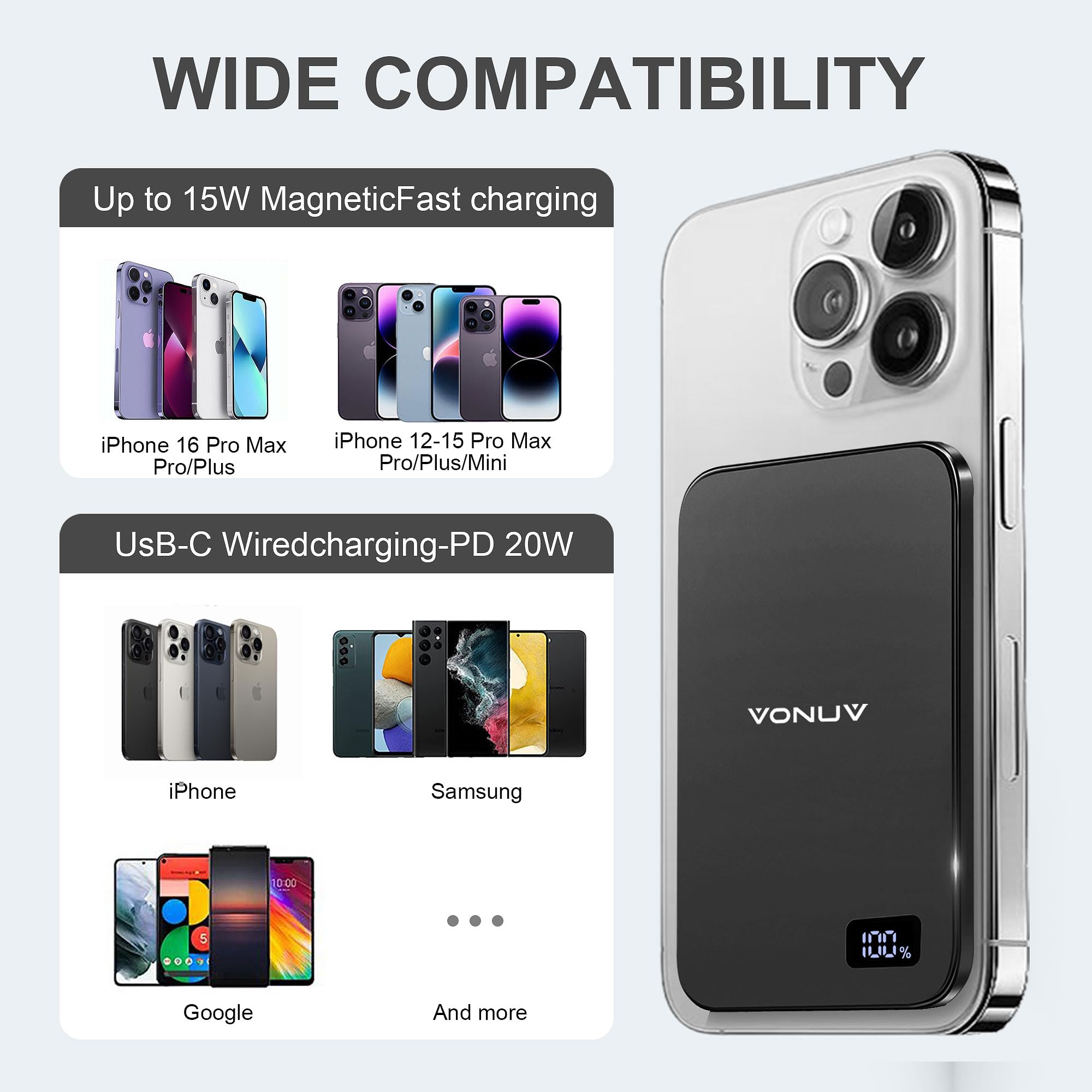 VONUV Magnetic Portable Charger 5000mAh, 15W Ultra Slim Wireless by VONUV - Angle View 5