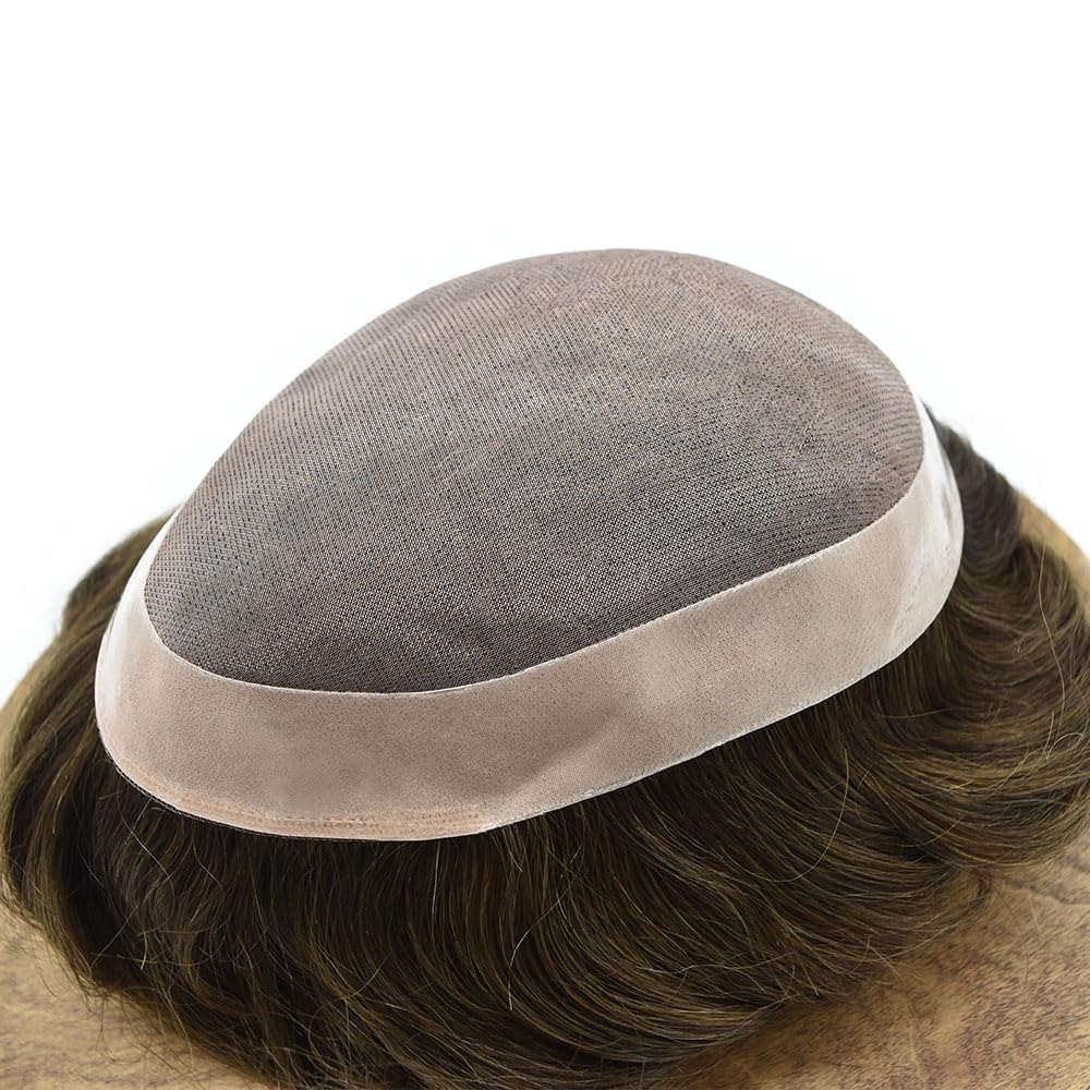 Curve Hair Mens Toupee Human Hair Piece Replacement System Monofilament Wig Hair Unit for Men Durable Poly Coated Mens Hairpiece (#410 Medium Brown+10% Gray, 7"X10")