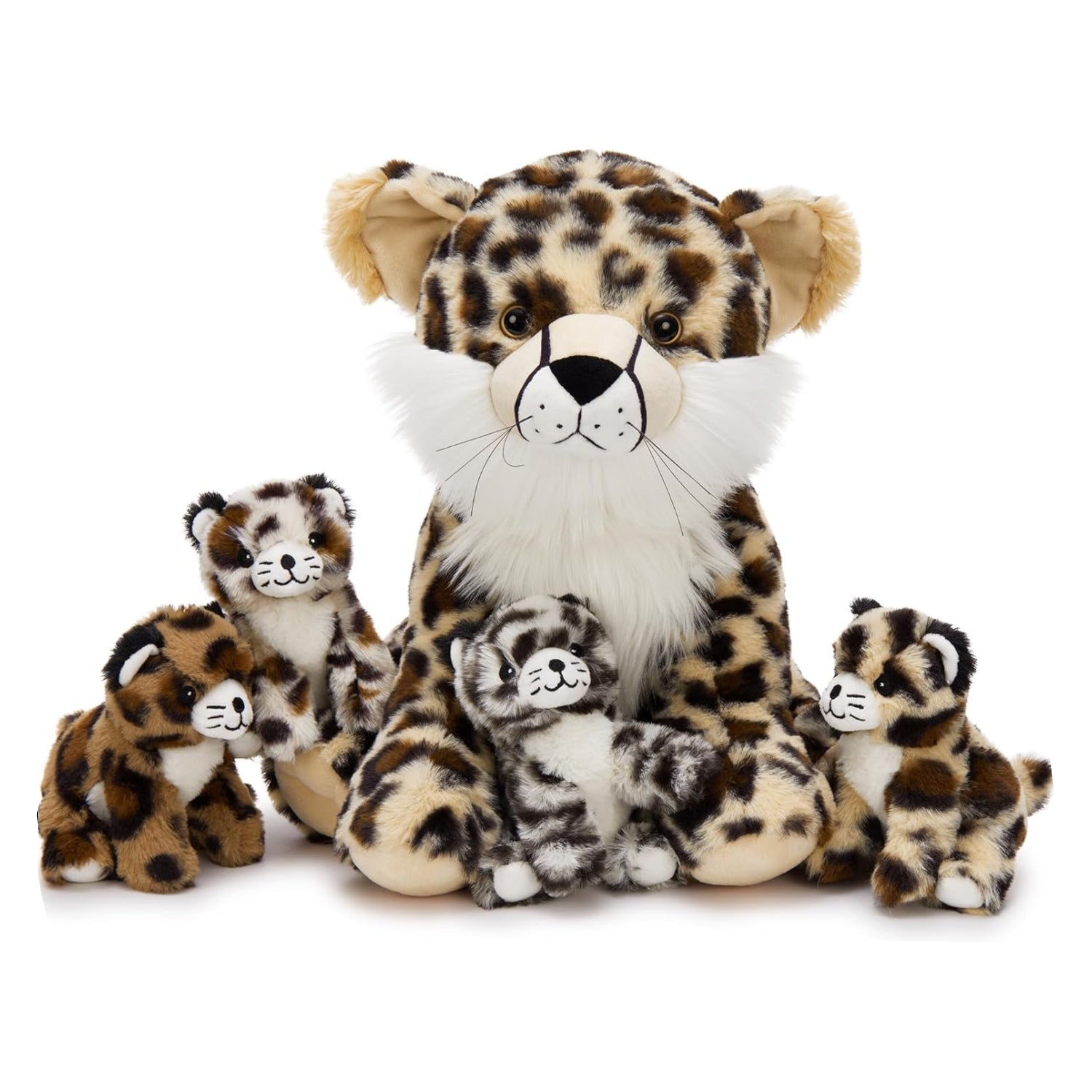 MorisMos 5-piece cheetah stuffed animal set including 14-inch cheetah mommy and four baby plush toys, soft and cuddly.