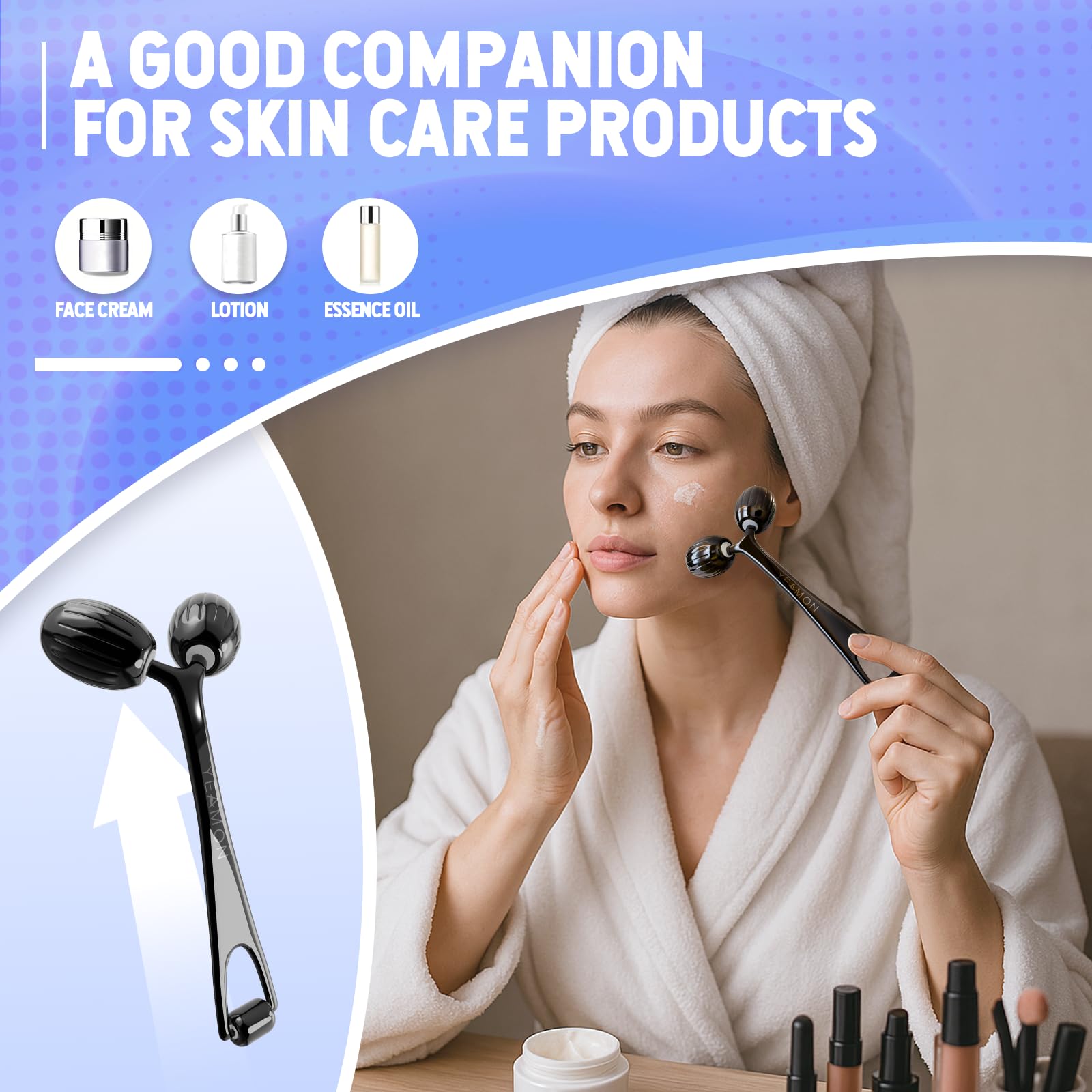Yeamon stainless steel gua sha and face roller set, facial massage tools with smooth, polished surfaces for skincare.