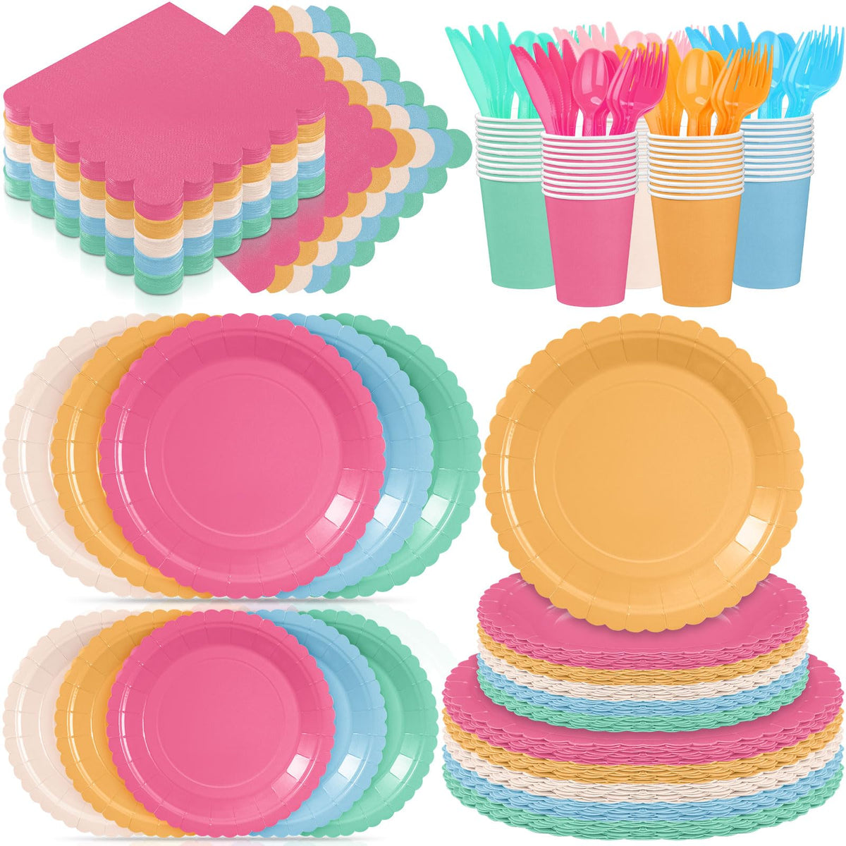 Zhehao 175 Pcs Candy Colors Party Plates Cups Napkins Set - Zhehao Official Imagery - 1