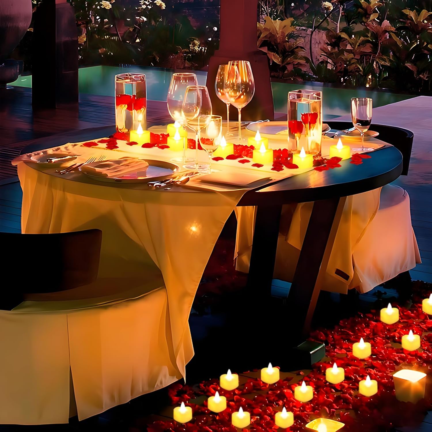 Set of 6000 artificial rose petals and 72 flameless candles from gobutend, ideal for romantic decorations and events.