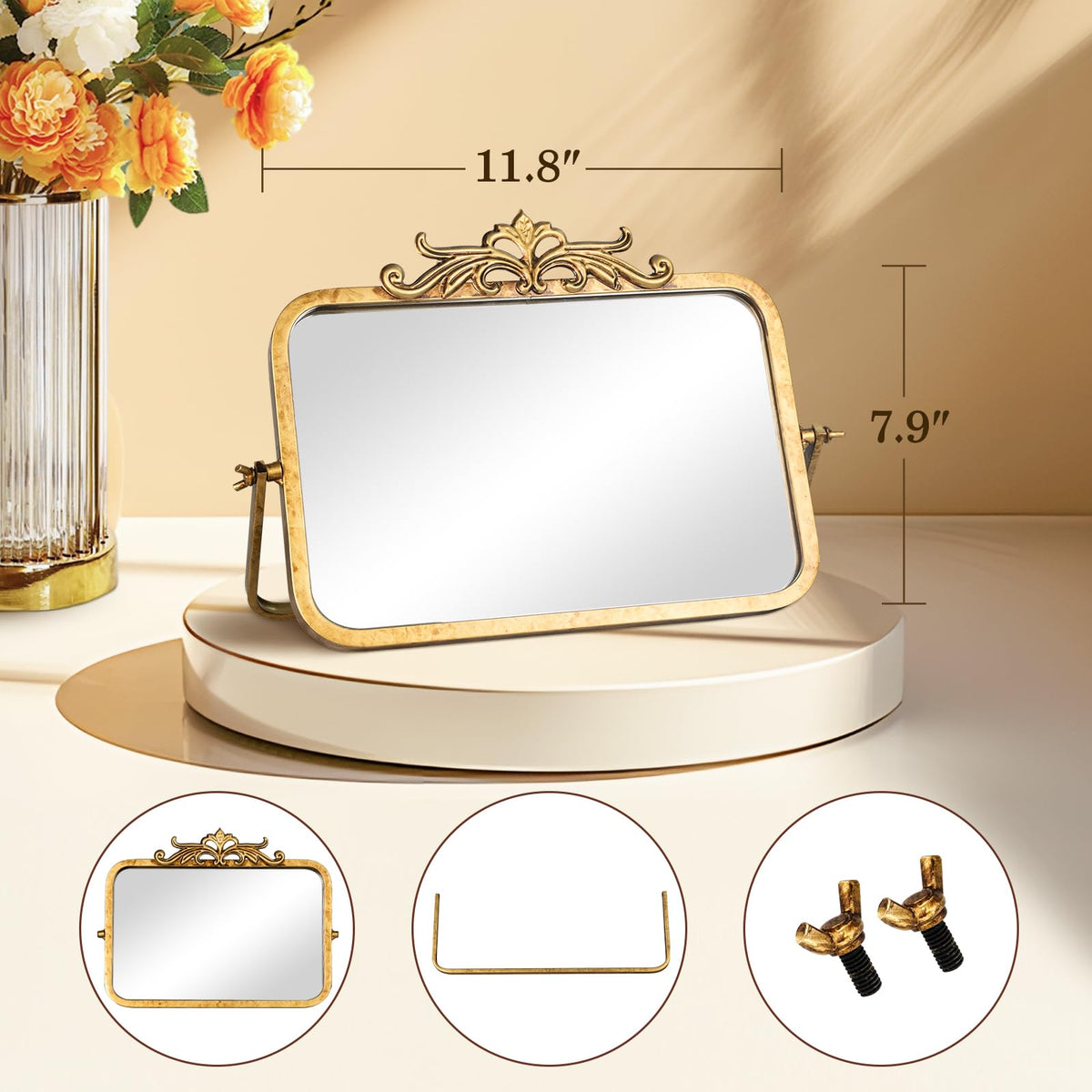 Small Vintage Mirror 7 9 L x 11 8 W Antique Gold Desk Mirror - GIFTTROVE Official Imagery - 4