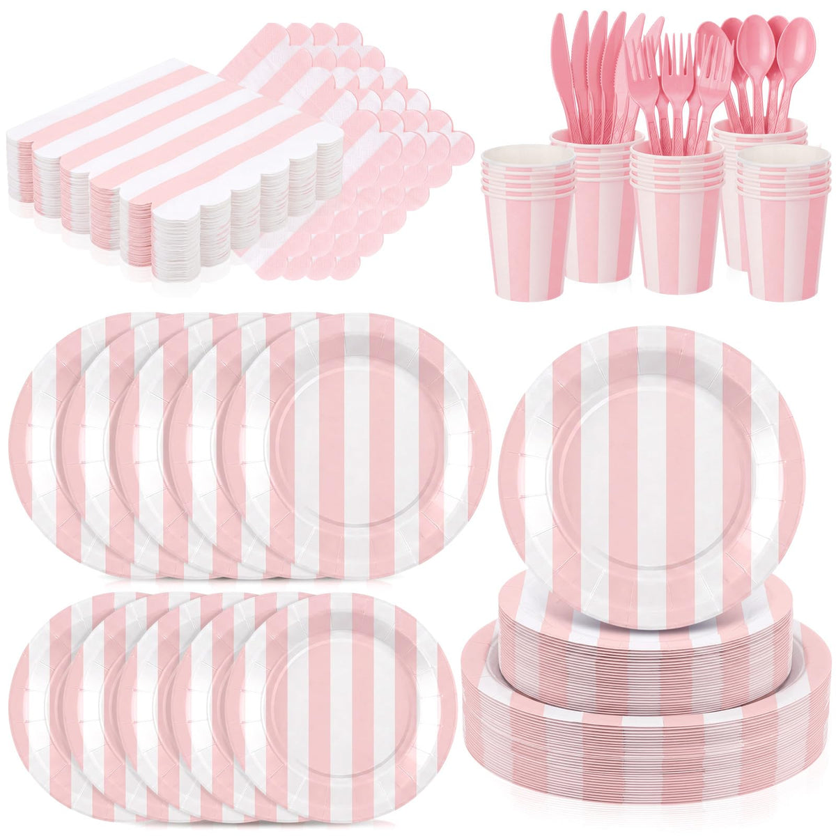 Mimorou 175 Pcs Pink White Striped Party Tableware for 25 - Mimorou Official Imagery - 1