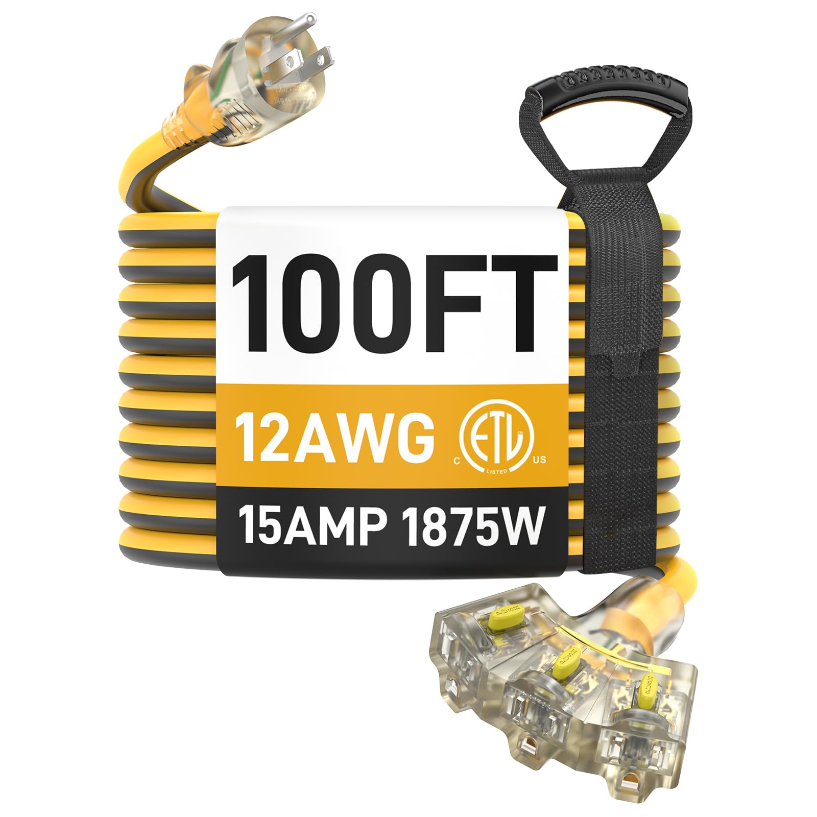PRIMOWIRE 100ft 12/3 Heavy Duty 3-Outlet LED Locking Plug Outdoor - PRIMOWIRE Official Product View 1