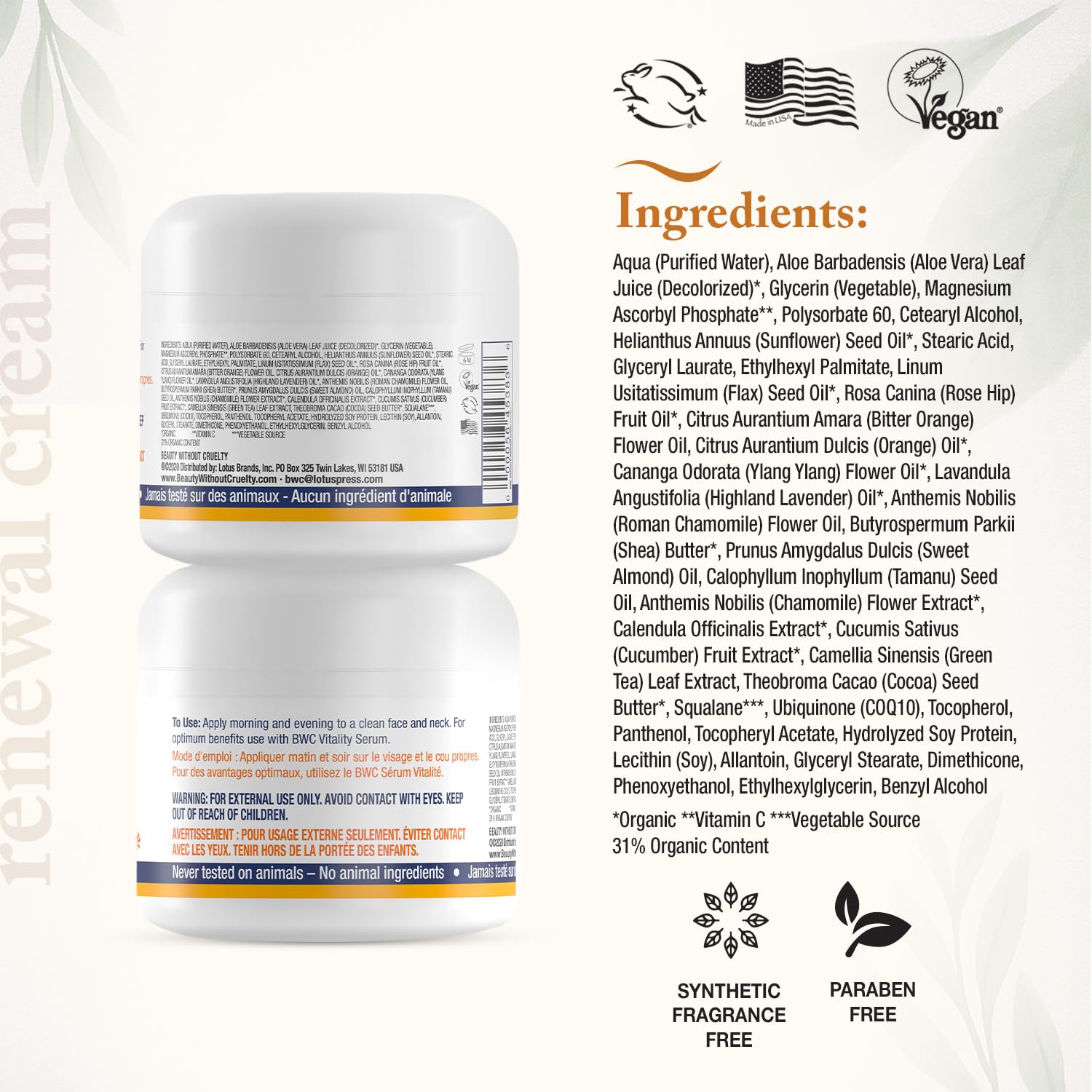 Beauty without Cruelty Renewal Moisturizer Vitamin C with coq10 2oz