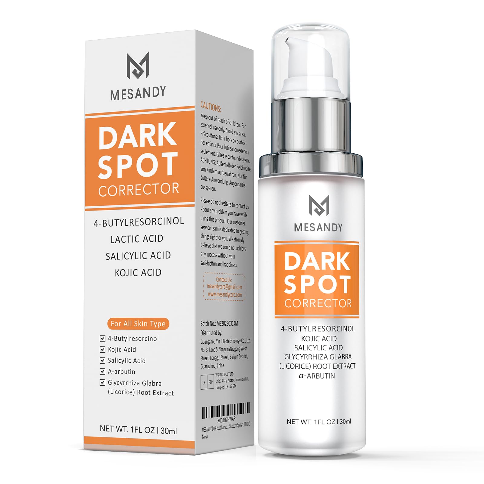 MESANDY dark spot corrector skin serum with niacinamide and kojic acid showing a tube of the cream and skincare ingredients.