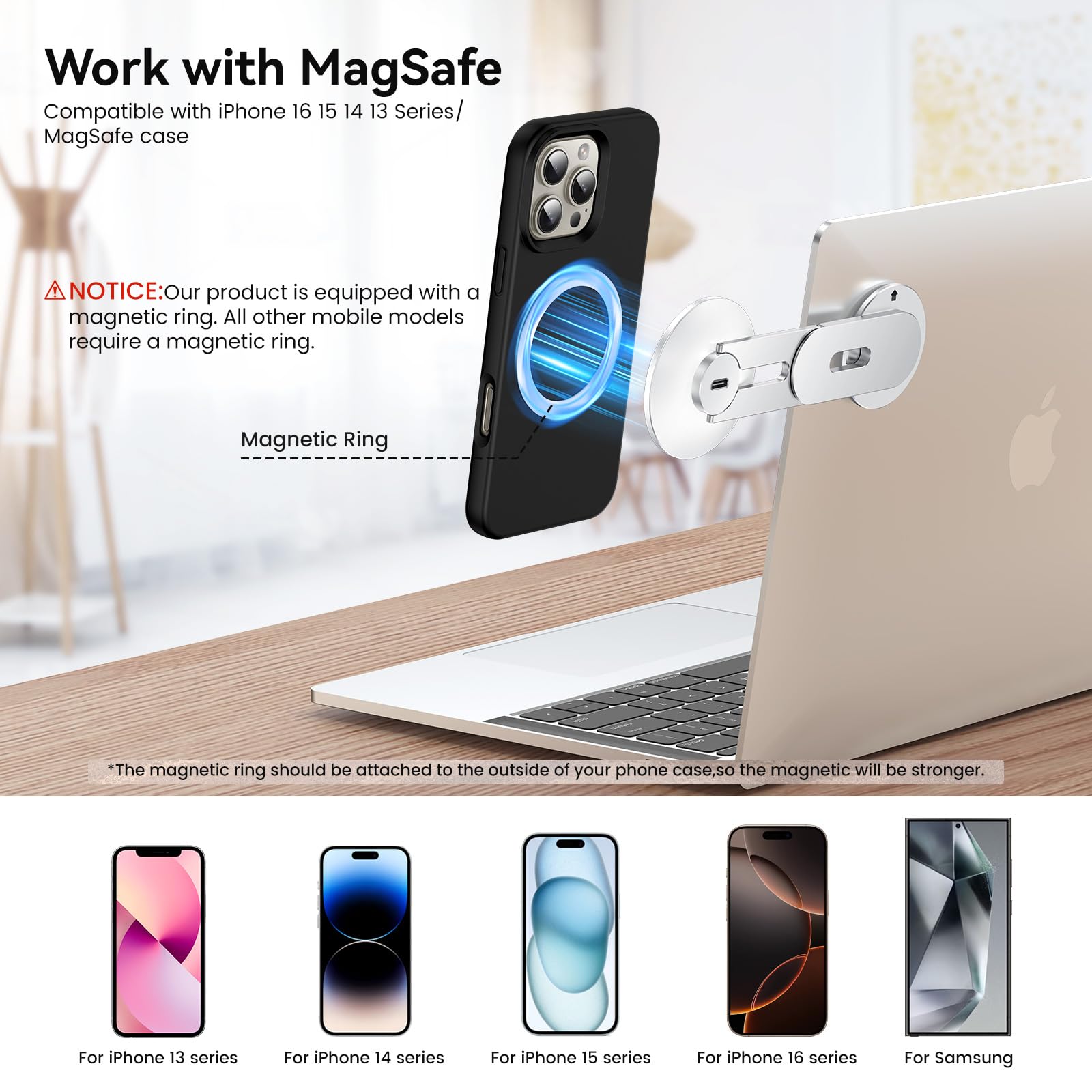 MAGDIGITEH Laptop Phone Holder, Magnetic Phone Stand 15W Fast Wireless Charger for MagSafe for iPhone 17/16/15/14/13/12 & All Phones for Tesla (Silver)