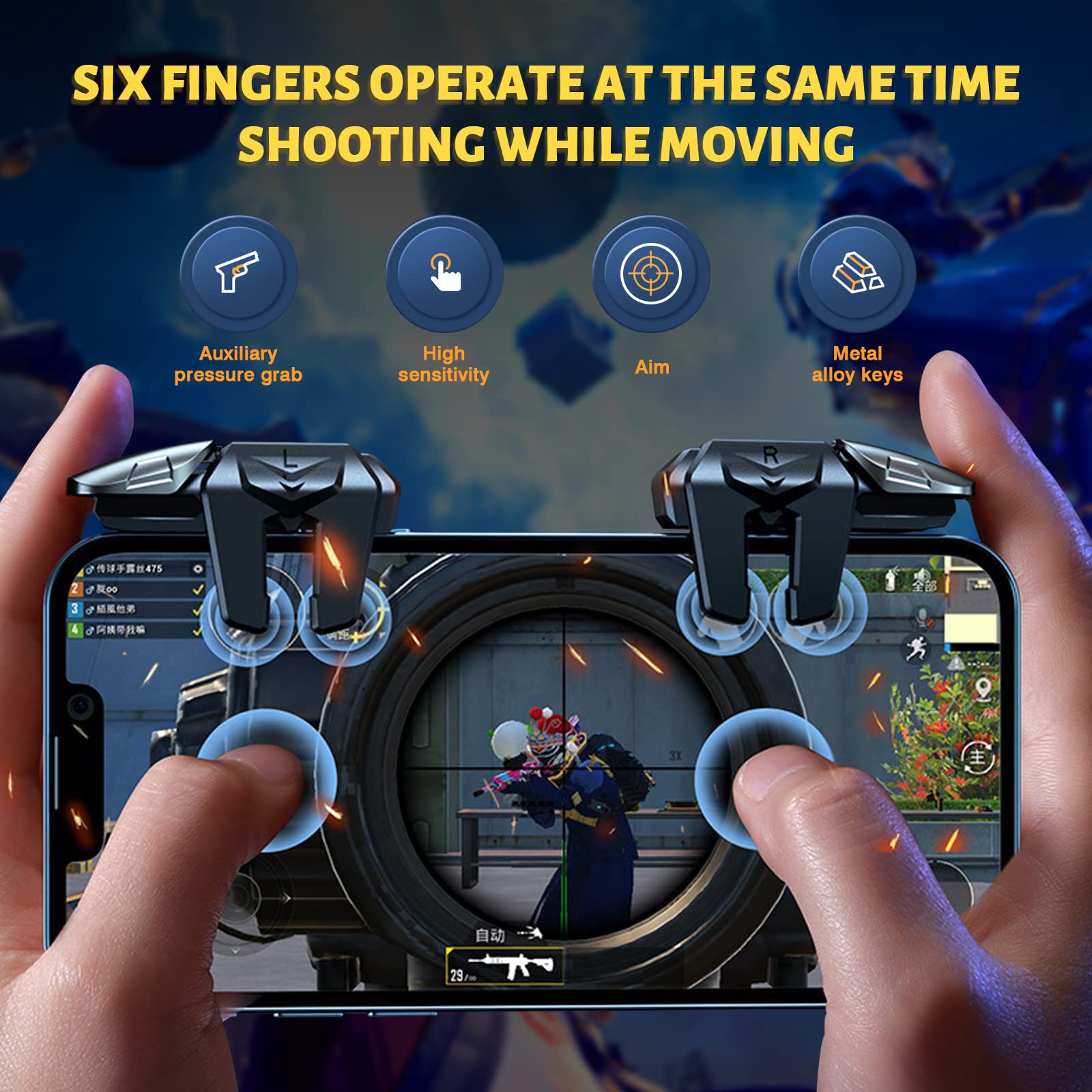 Newseego mobile game controller trigger for 2022 model, featuring 6 finger sensitive target buttons for PUBG and survival games.