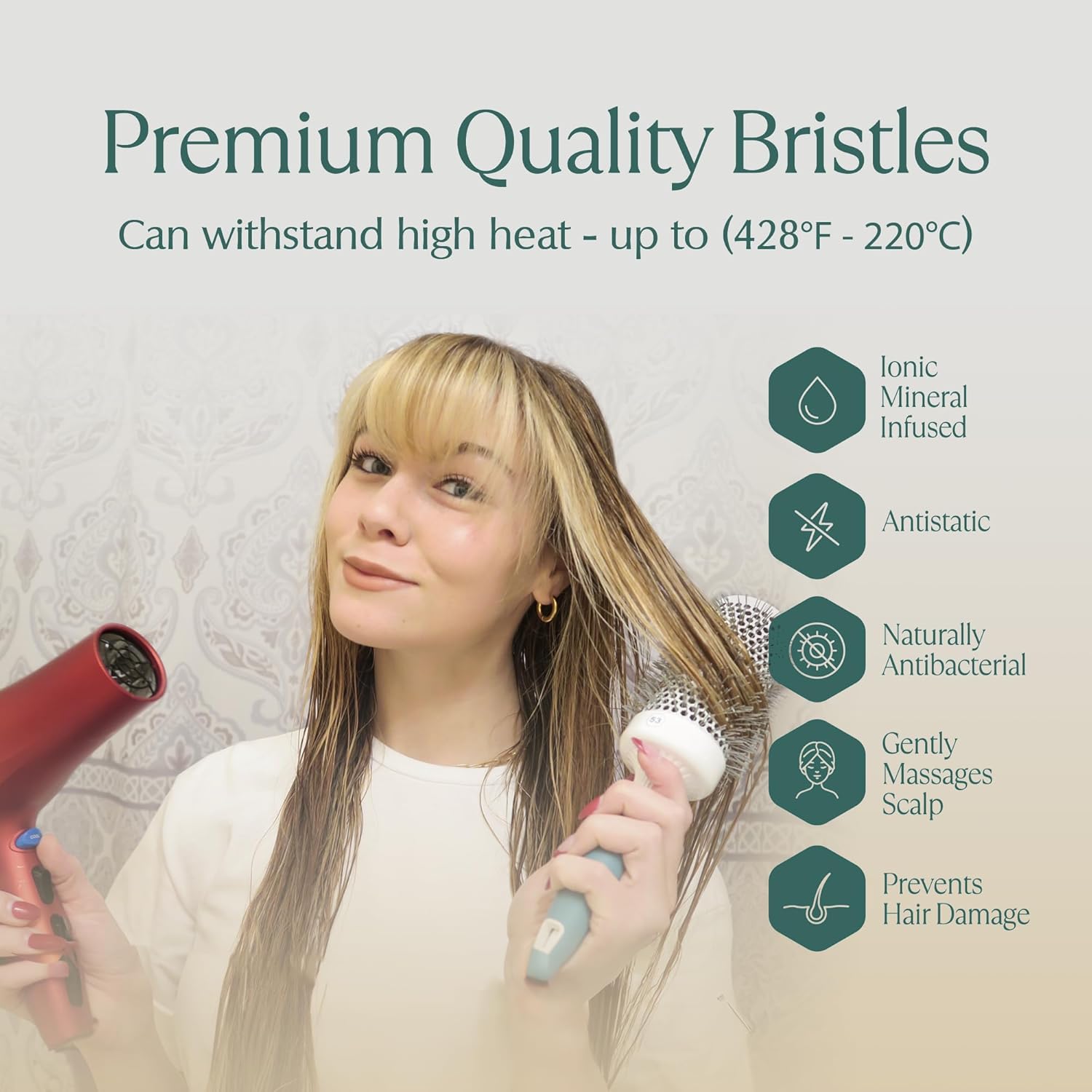 Osensia medium round ceramic hair brushing brush with 43mm barrel, ideal for smooth salon-style hair for all hair types.