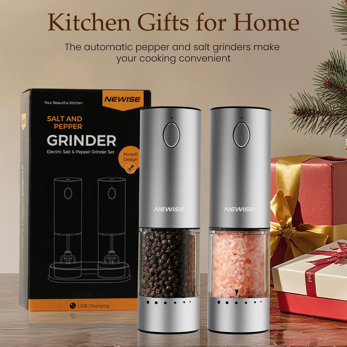 Electric Salt and Pepper Grinder Set Rechargeable Stainless - Newise Official Imagery - 8