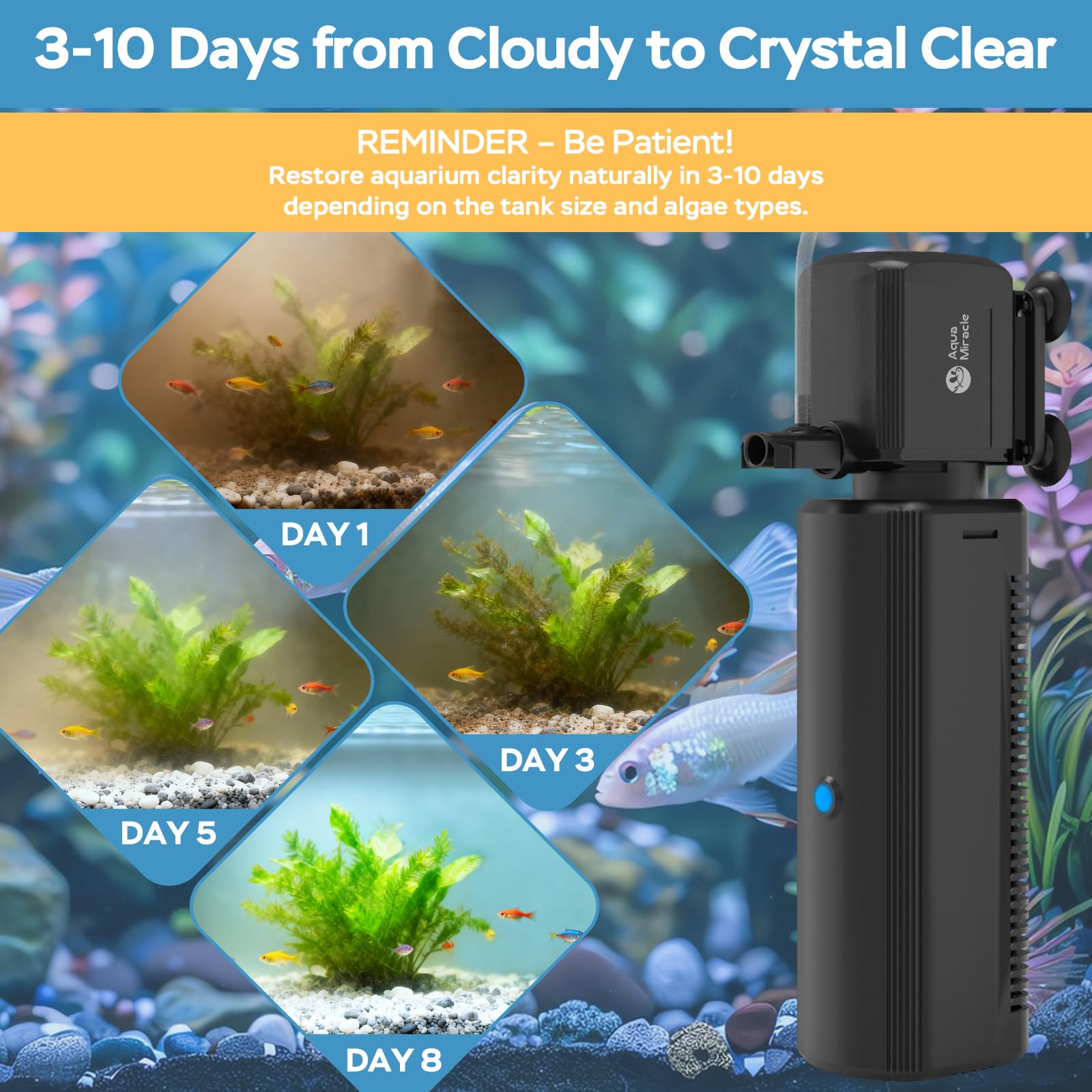 AquaMiracle Fish Tank Filter with Timer & Filter Sponge, 130GPH U - AquaMiracle Official Product View 2