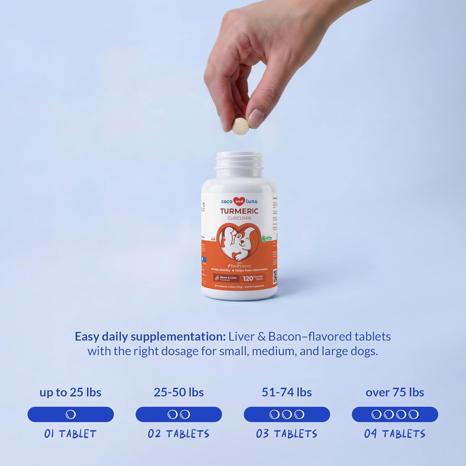 Coco and Luna turmeric chews for dogs, anti-inflammatory pain relief, 120 chewable tablets, natural supplement for canine health