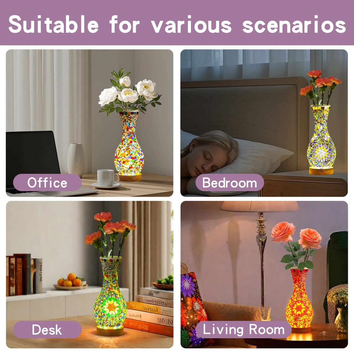 Mosaic Vase Lamp Turkish Table Lamp with Wood Base USB LED - JAITAIK Official Imagery - 8
