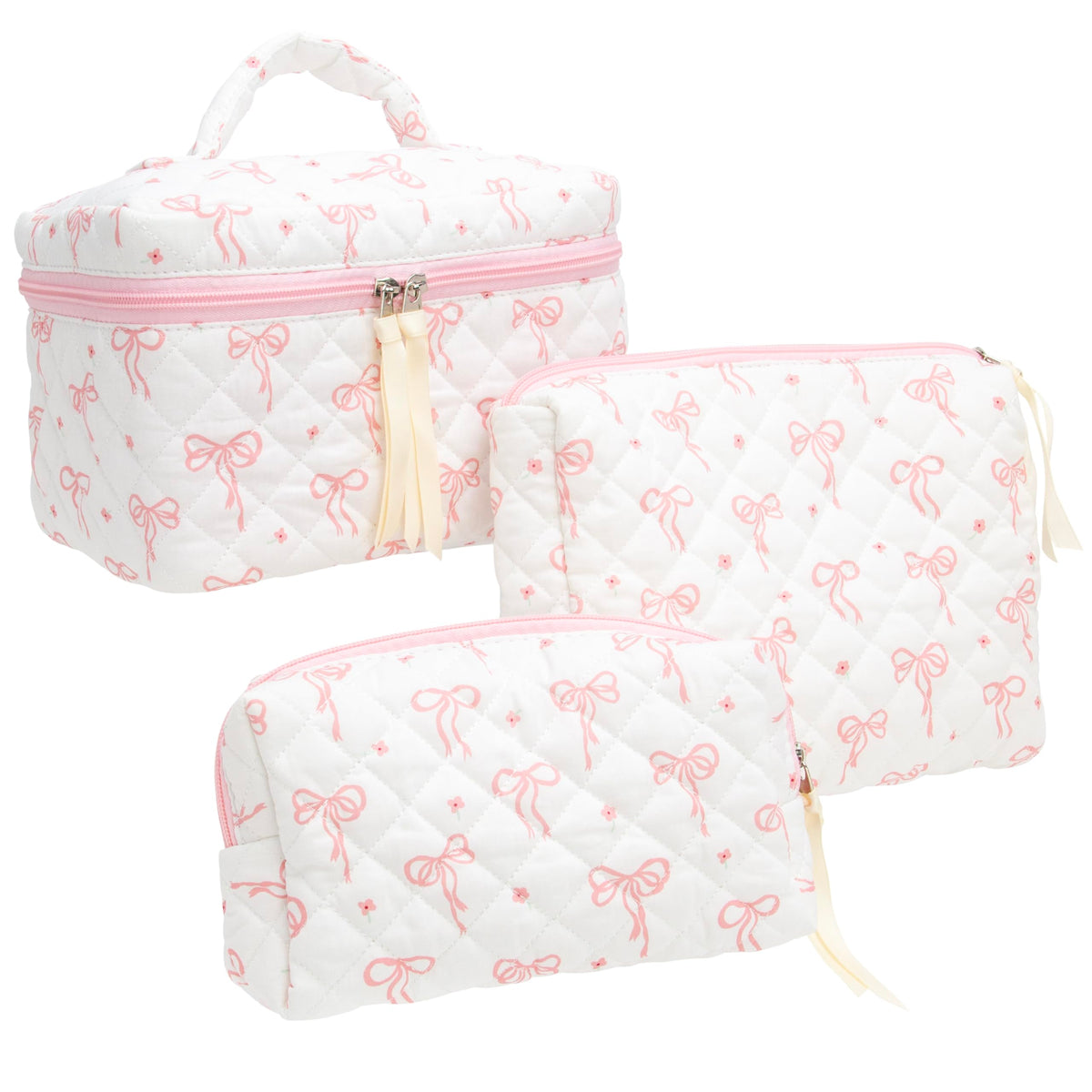 3 Piece Quilted Makeup Bag Set for Women Cosmetic Toiletry - PAZIMIIK Official Imagery - 2