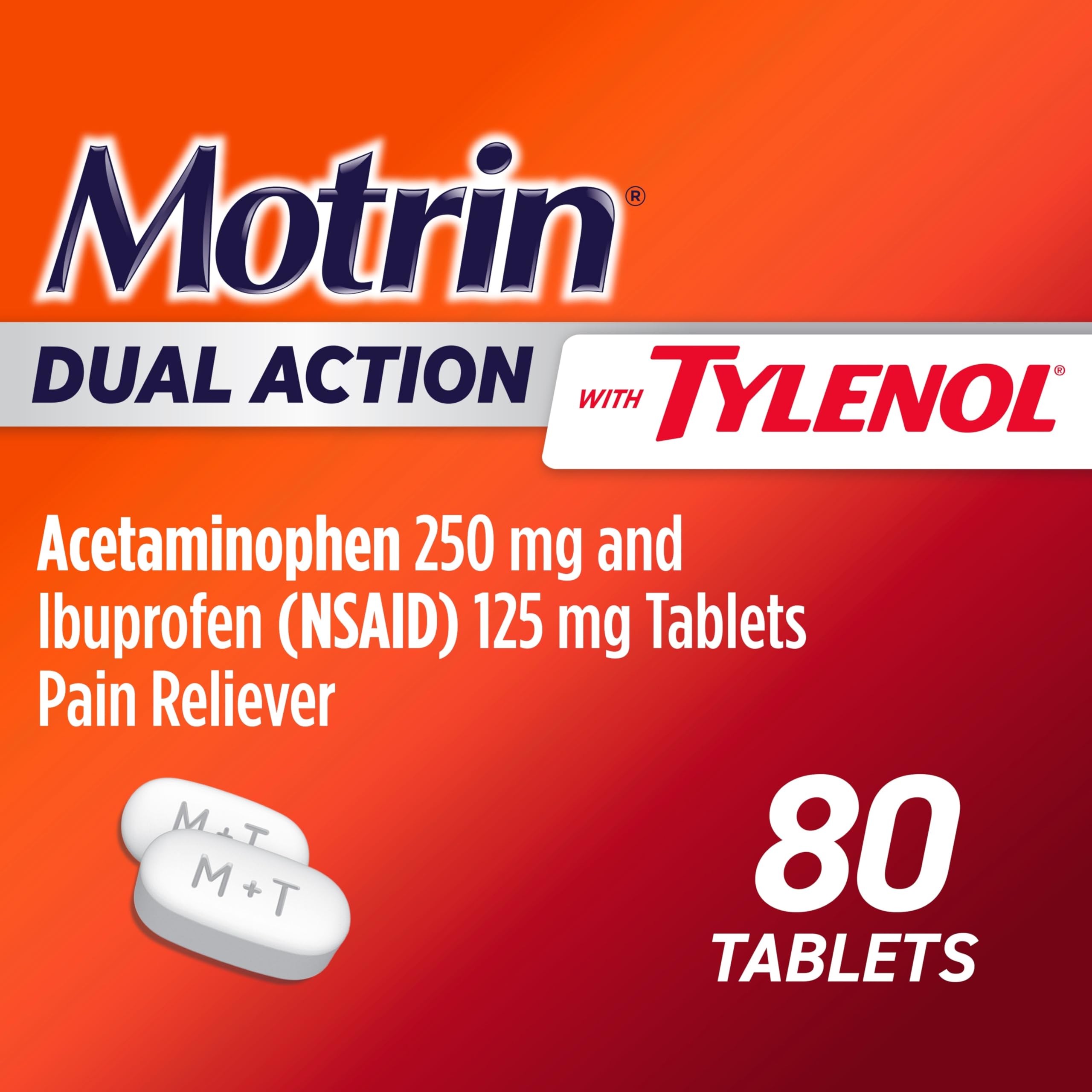Motrin Dual Action medication bottle with 80 tablets for pain relief, featuring Tylenol and ibuprofen in a clear plastic bottle