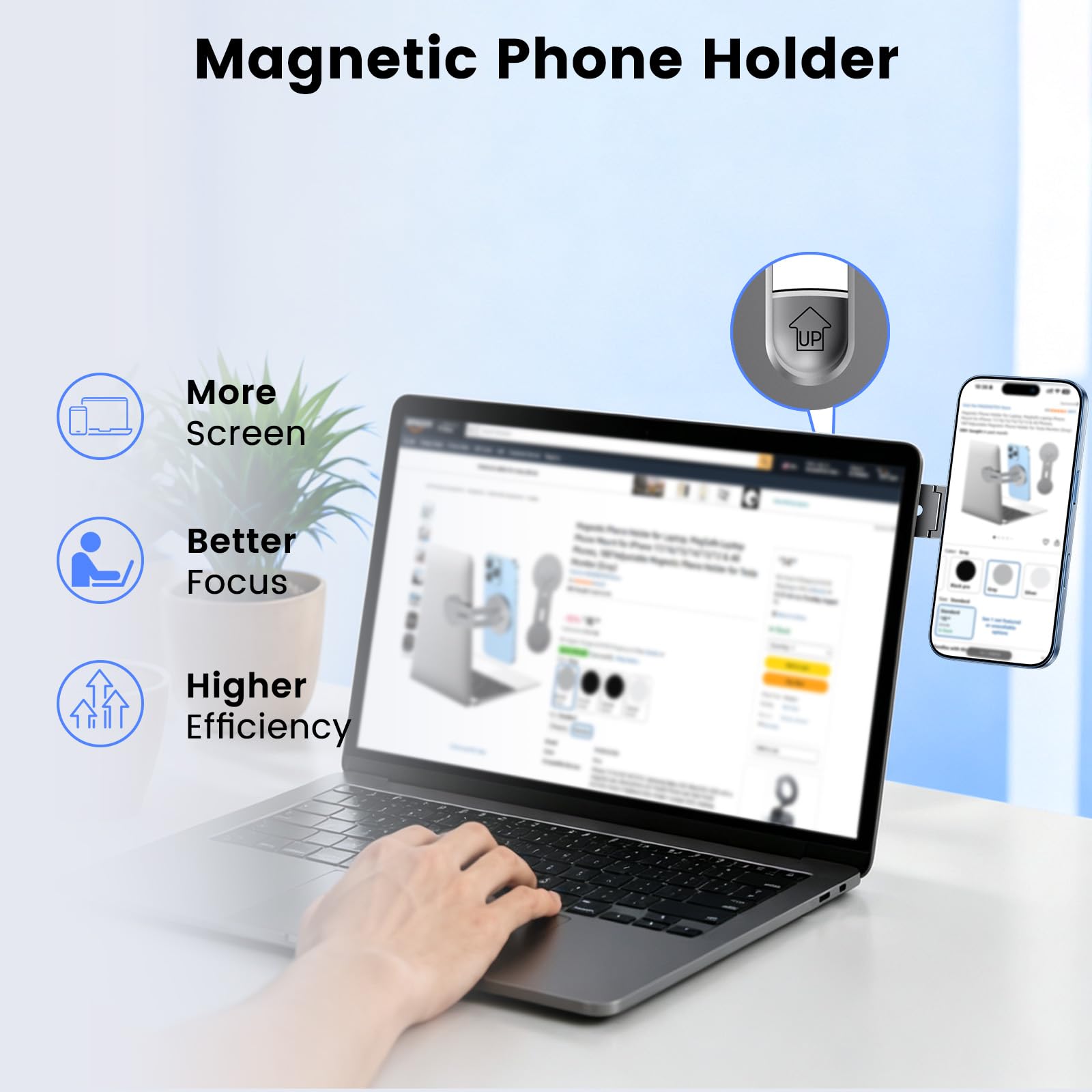MAGDIGITEH Magnetic Phone Holder for Laptop, MagSafe Laptop Phone Mount for iPhone 17/16/15/14/13/12 & All Phones, 180°Adjustable Magnetic Phone Holder for Tesla Monitor (Gray)
