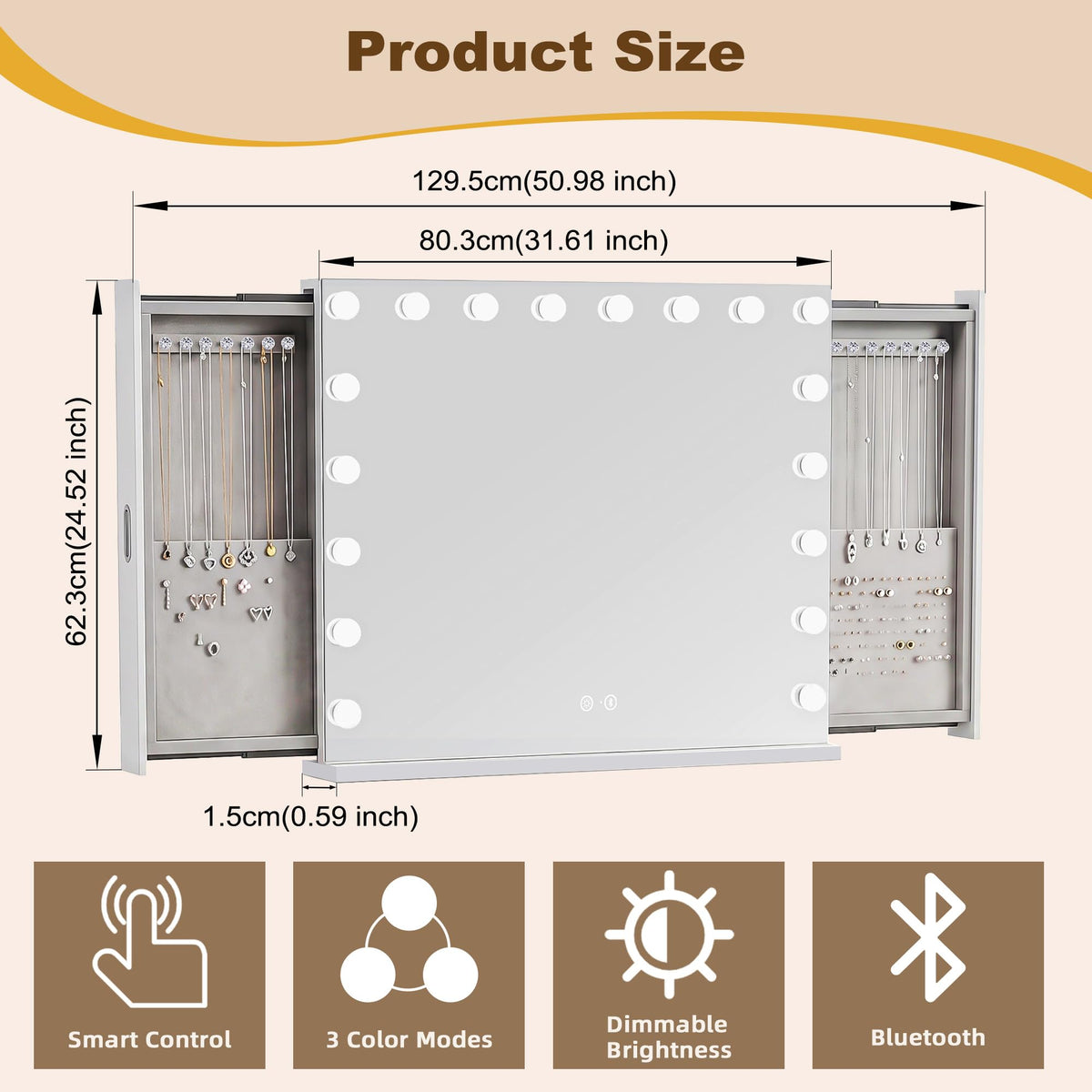 FENCHILIN Vanity Mirror with Lights Jewelry Organiser - FENCHILIN Official Imagery - 3