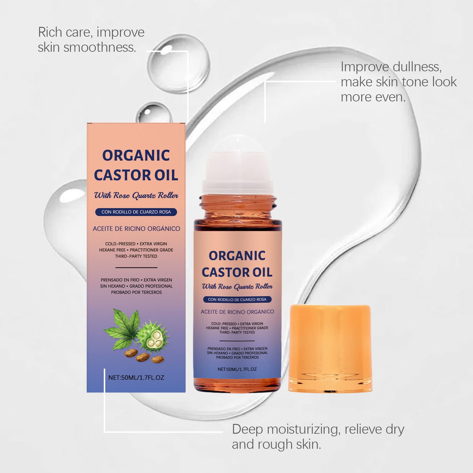 Vitacamy Organic Castor Oil with Rose Quartz Roller Ball,100% Pur - Vitacamy Official Product View 4