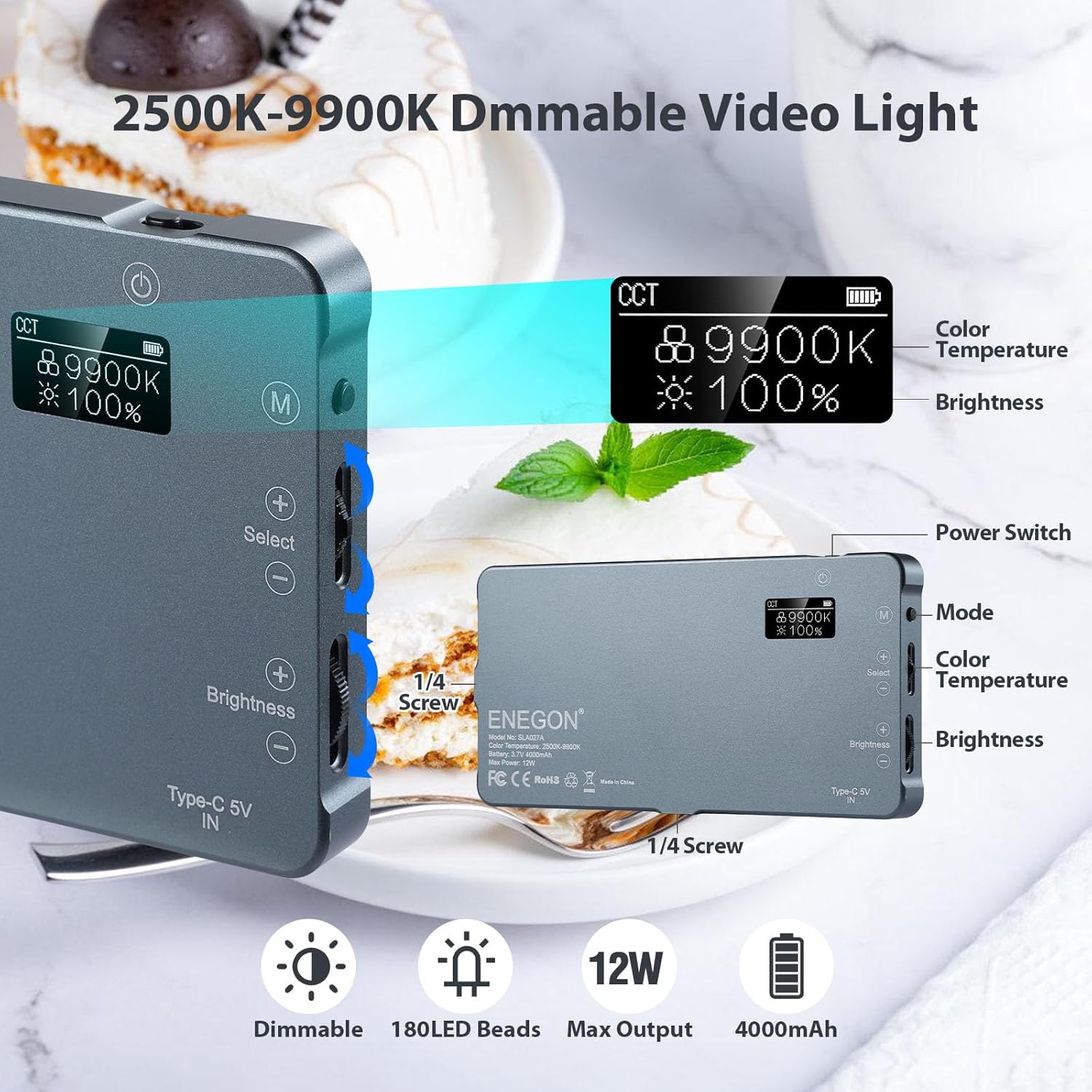 ENEGON 4000mAh rechargeable mountable bicolor LED video light with adjustable brightness and compact design for filming.