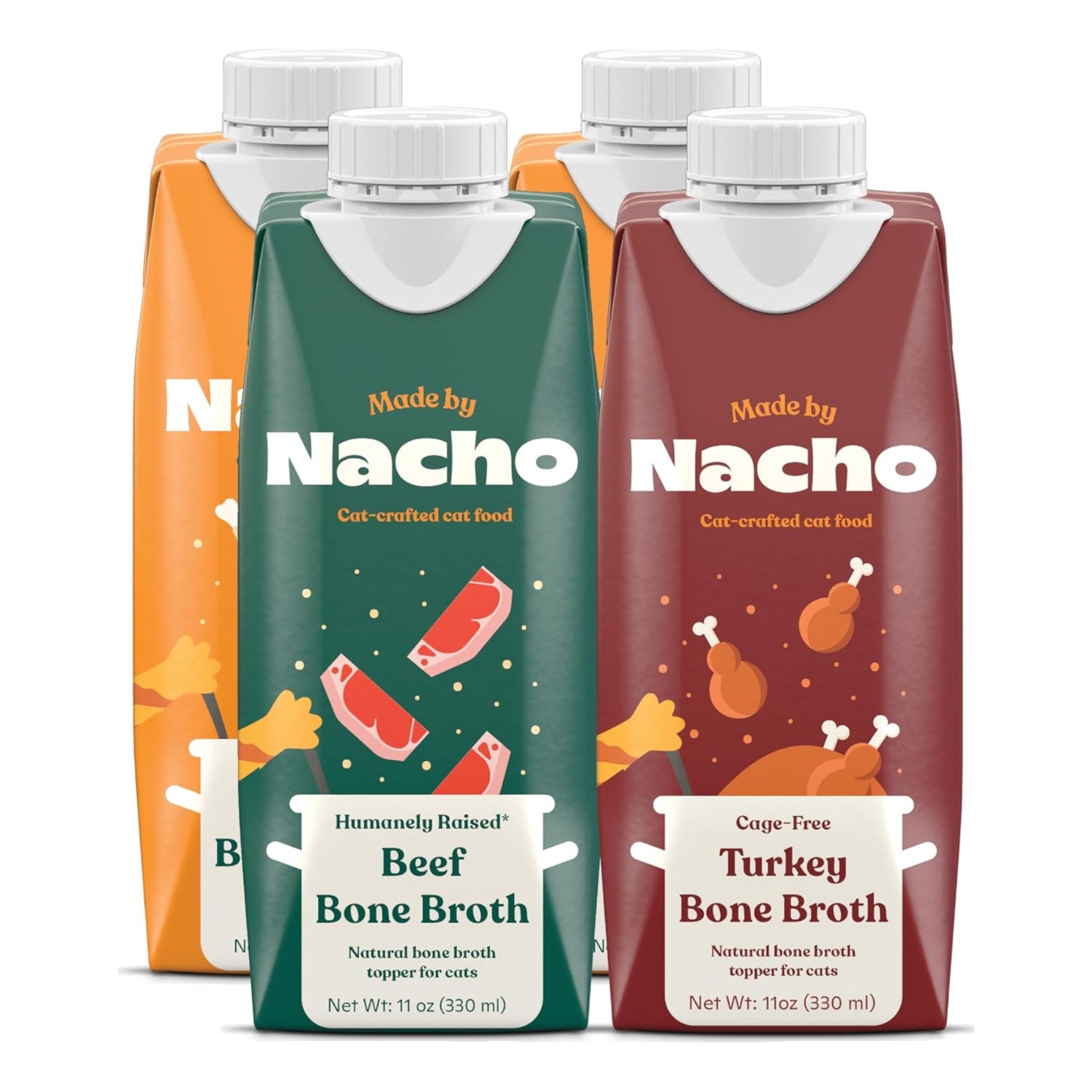 Made by Nacho Bone Broth Cat Food Topper in a bowl, designed to boost hydration and appeal to picky cats with natural ingredients.