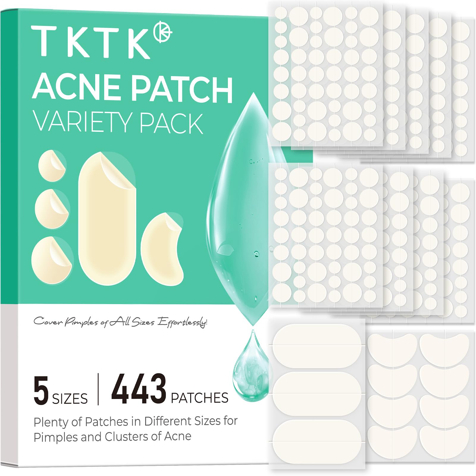 TKTK 443 Count Pimple Patches for Face, Hydrocolloid Acne Cover - Product Imagery