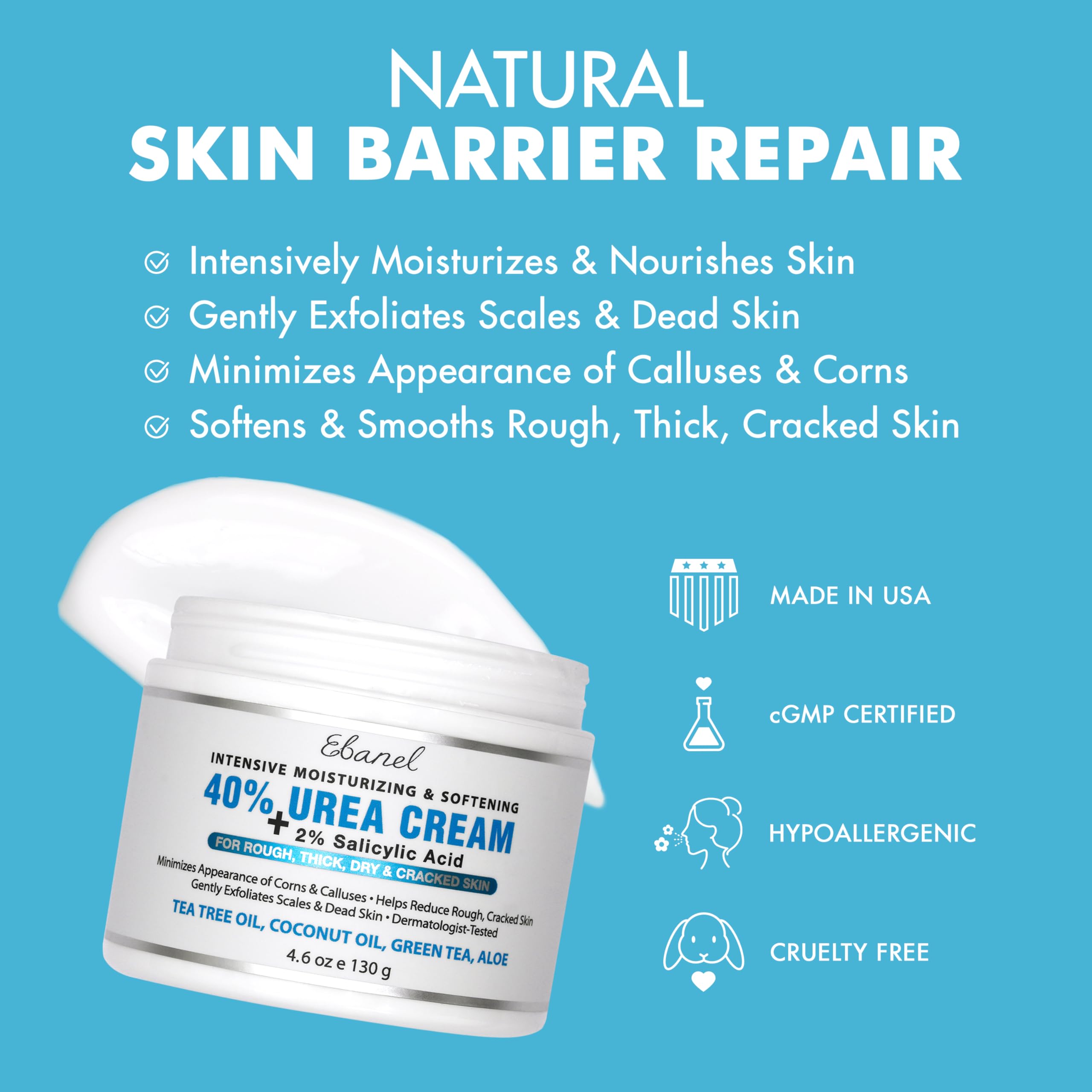 Ebanel Urea 40% skin moisturizer cream for dry, cracked feet and heels, 4oz jar showing product texture and packaging.