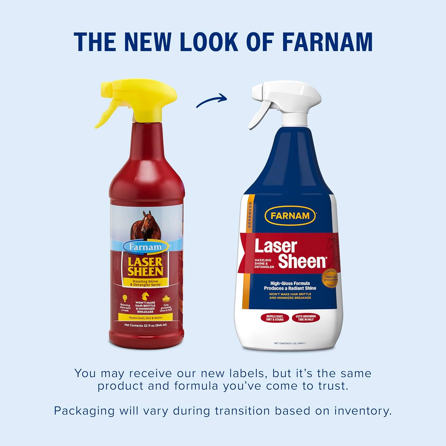 Farnam Laser Sheen Dazzling Shine and Detangler horse spray in 32 oz bottle, showing a shiny horse with smooth coat.