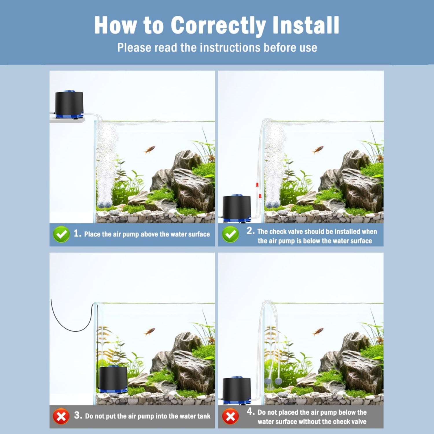 AQQA Aquarium Air Pump, 3W quiet fish tank air pump with tubby design for aeration and oxygenation of fish tanks.