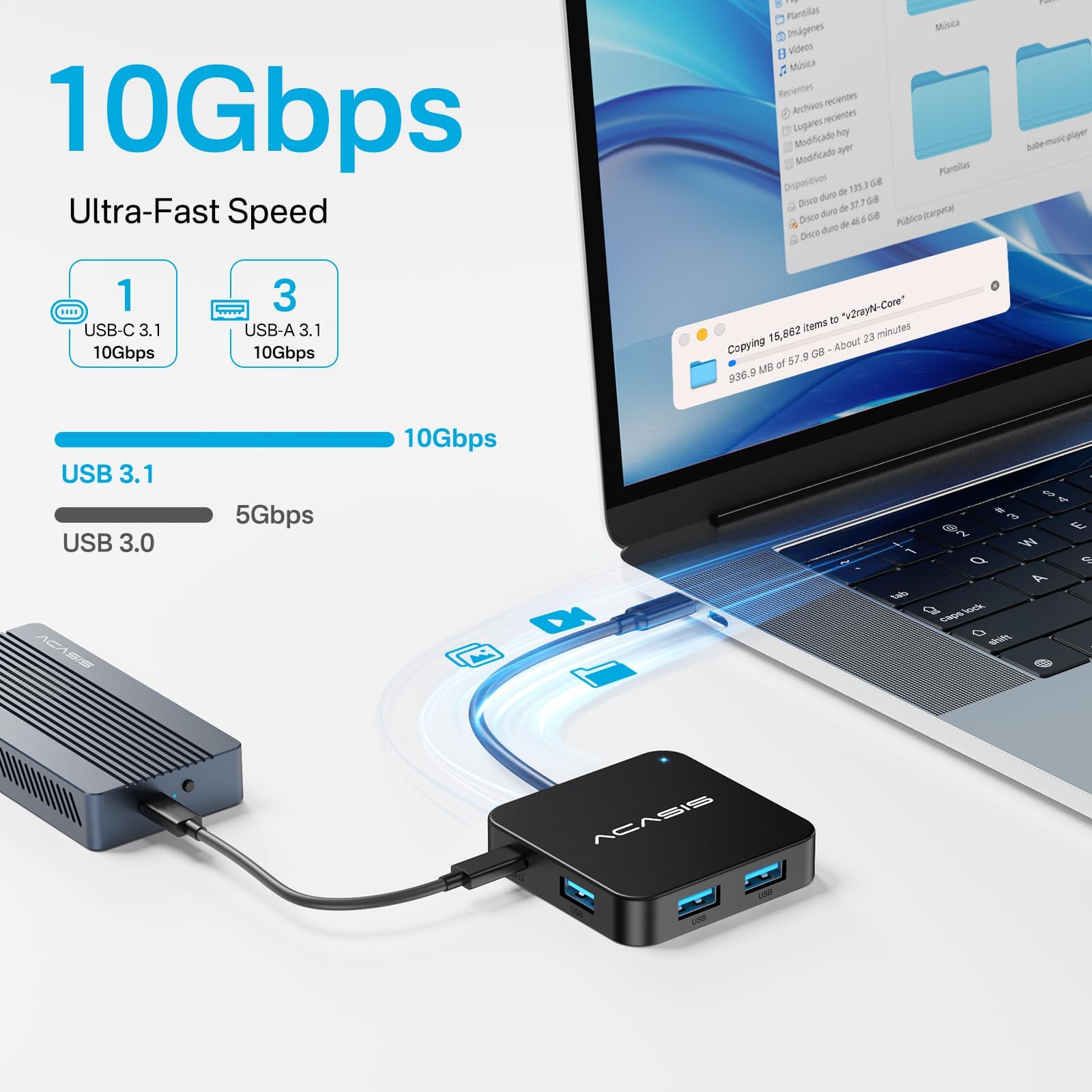 ACASIS USB C hub with 4K HDMI port and multiple USB-C and USB-A ports for laptops and MacBooks, connected to a sleek device.