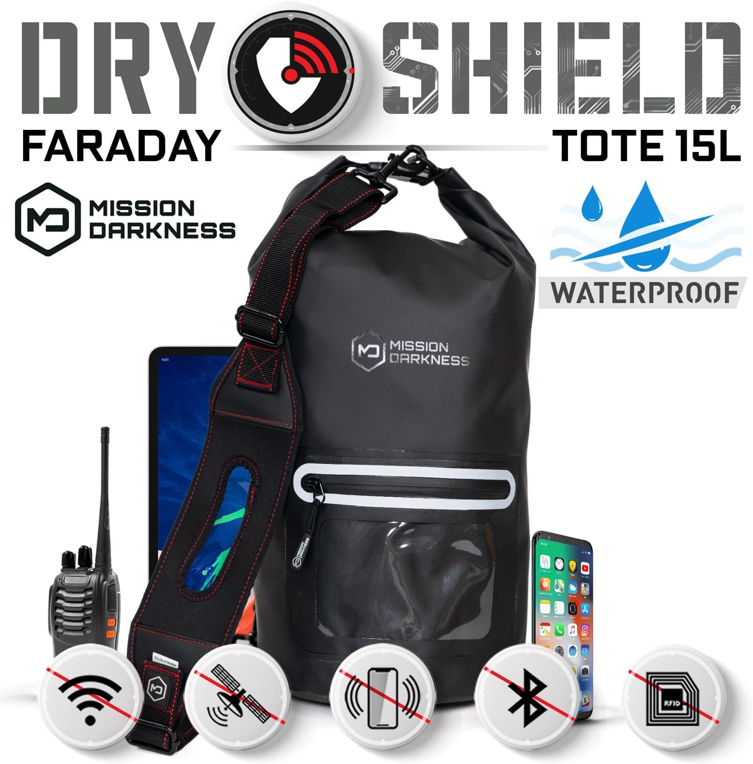 Mission Darkness Dry Shield Faraday Tote 15L waterproof dry bag for electronics, showing durable black fabric and secure closure.
