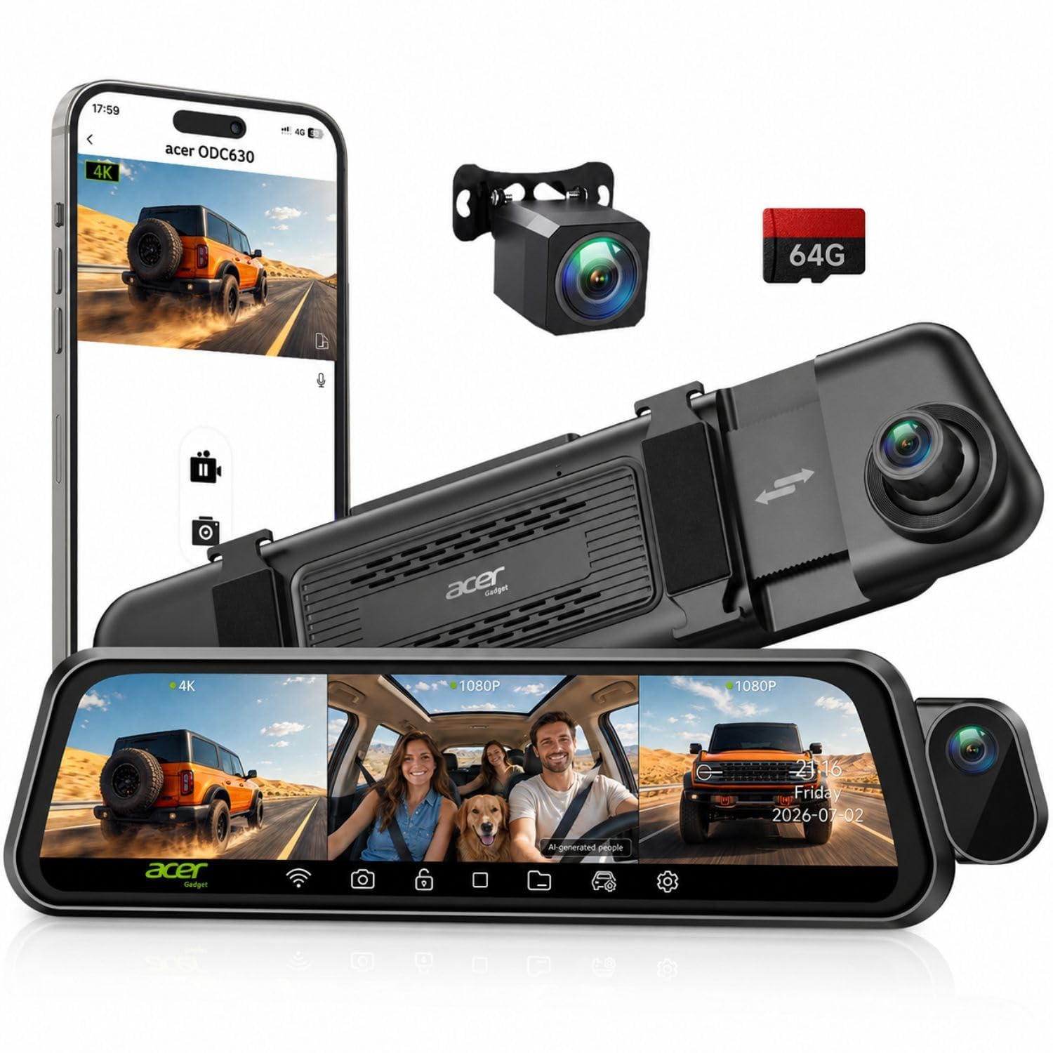 Acer Gadget 3 Channel 4K Rear View Mirror Camera, Mirror Dash - Product Imagery