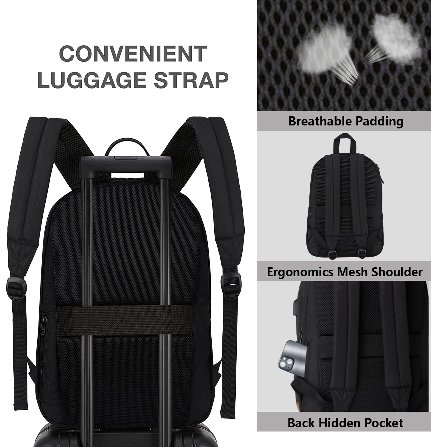 KEOFID Travel backpack for Men and Women, Anti Theft Laptop Backpack with USB Charging Port for Work, Large Bag for College, Carry-on Backpack with Luggage Strap, Water Resistent(Black)