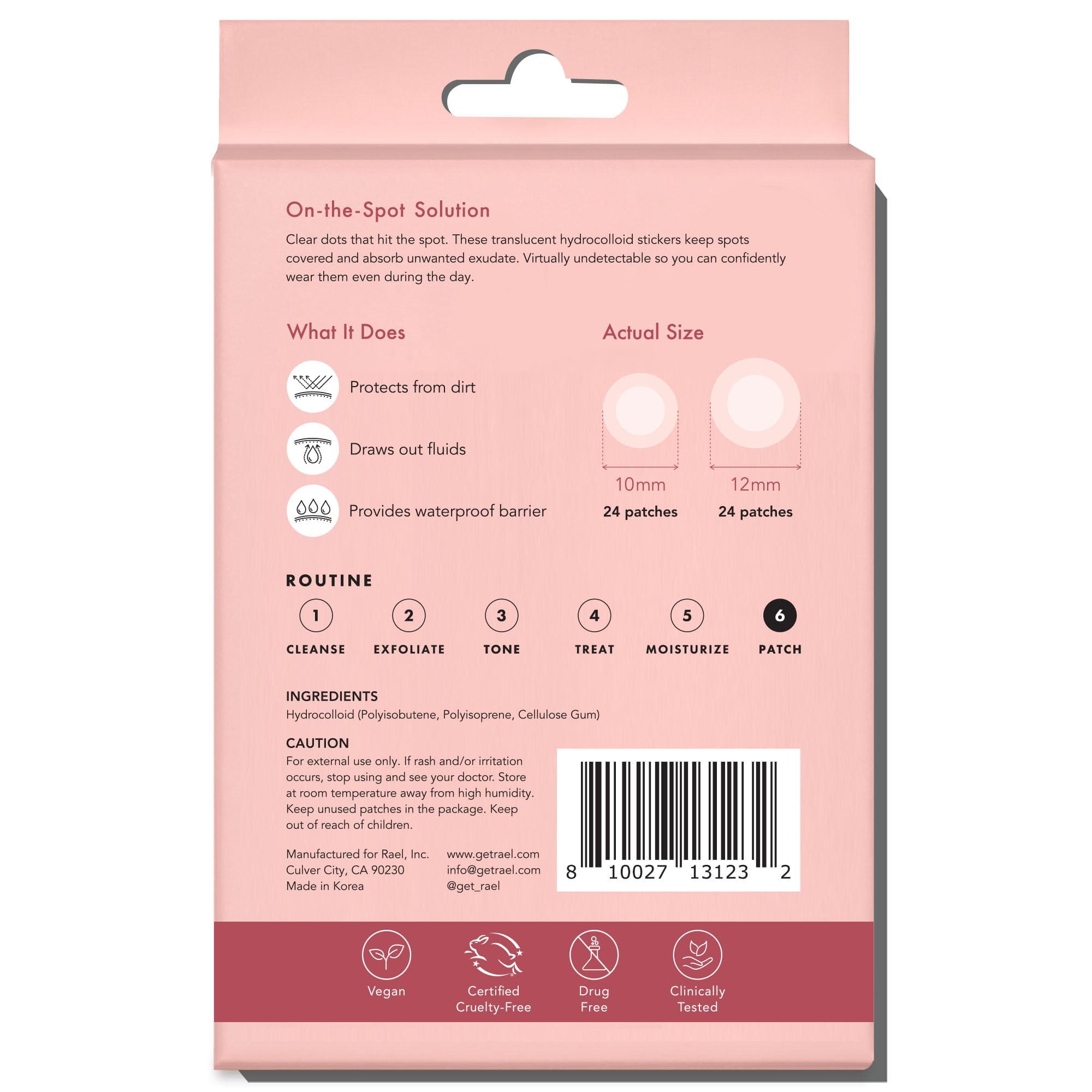 Rael Miracle Hydrocolloid Acne Pimple Patches pack showing 96 clear skin-care patches for acne treatment on a white background.