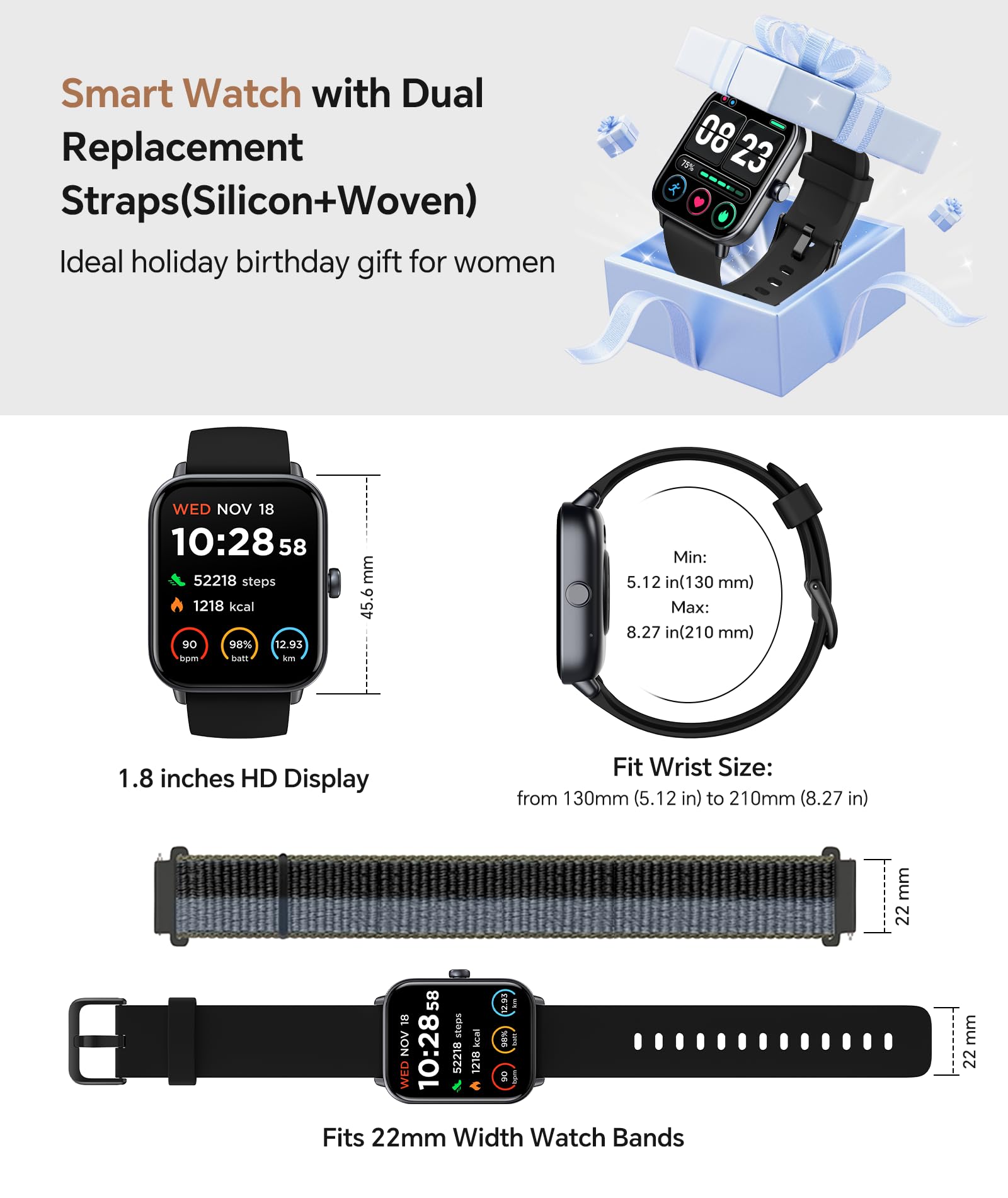 Quican Smart Watches for Women/Men, 2 Bands, Compatible for Android iP - View 8