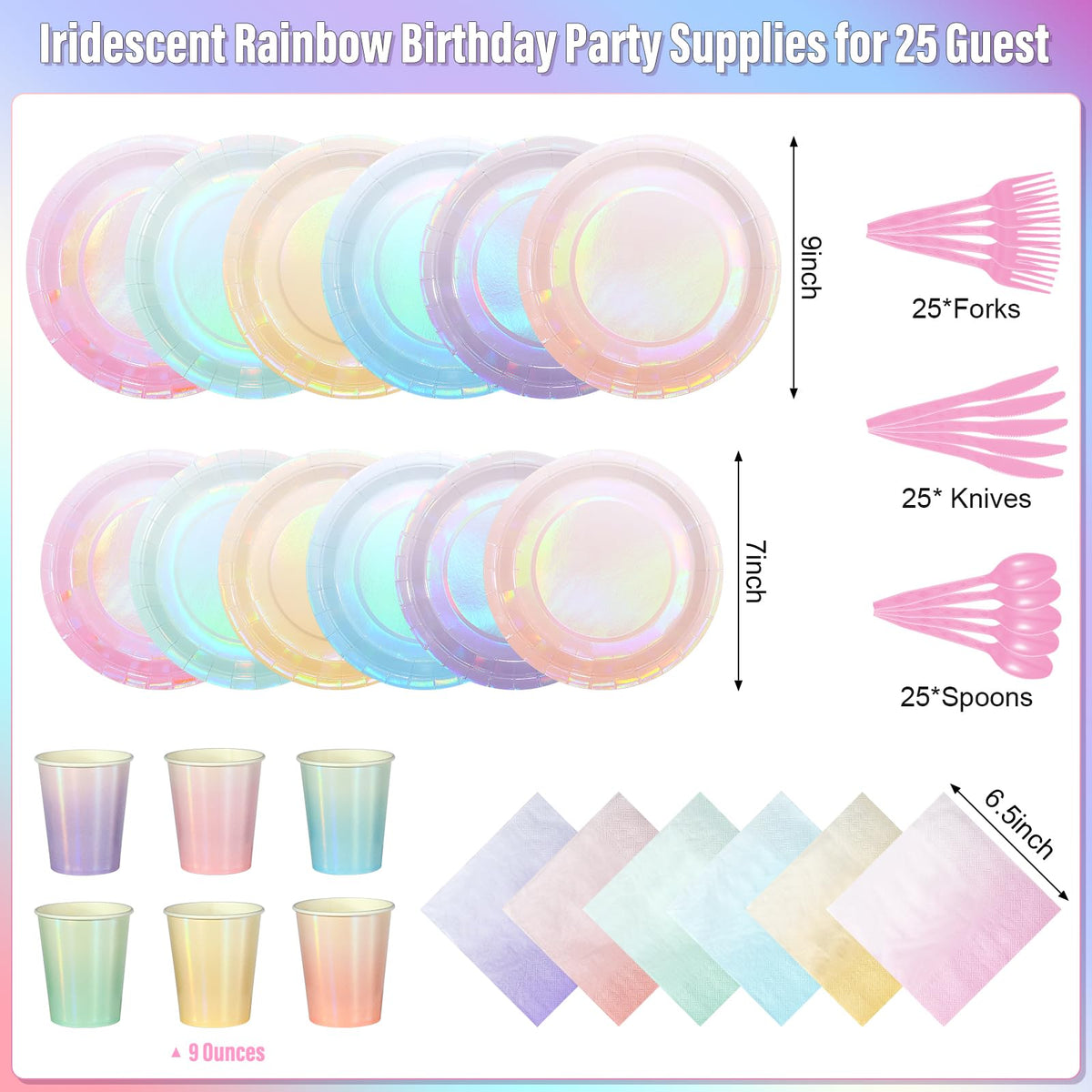 Iridescent Pastel Plates and Napkins Serve 25 Pastel Rainbow - Pascliyna Official Imagery - 3
