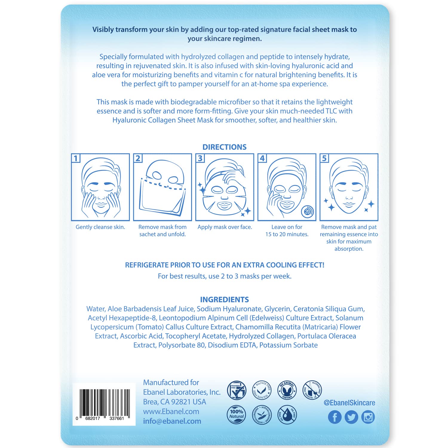 Ebanel 10-Pack Collagen Face Mask with Hyaluronic Acid, Vitamin - Ebanel