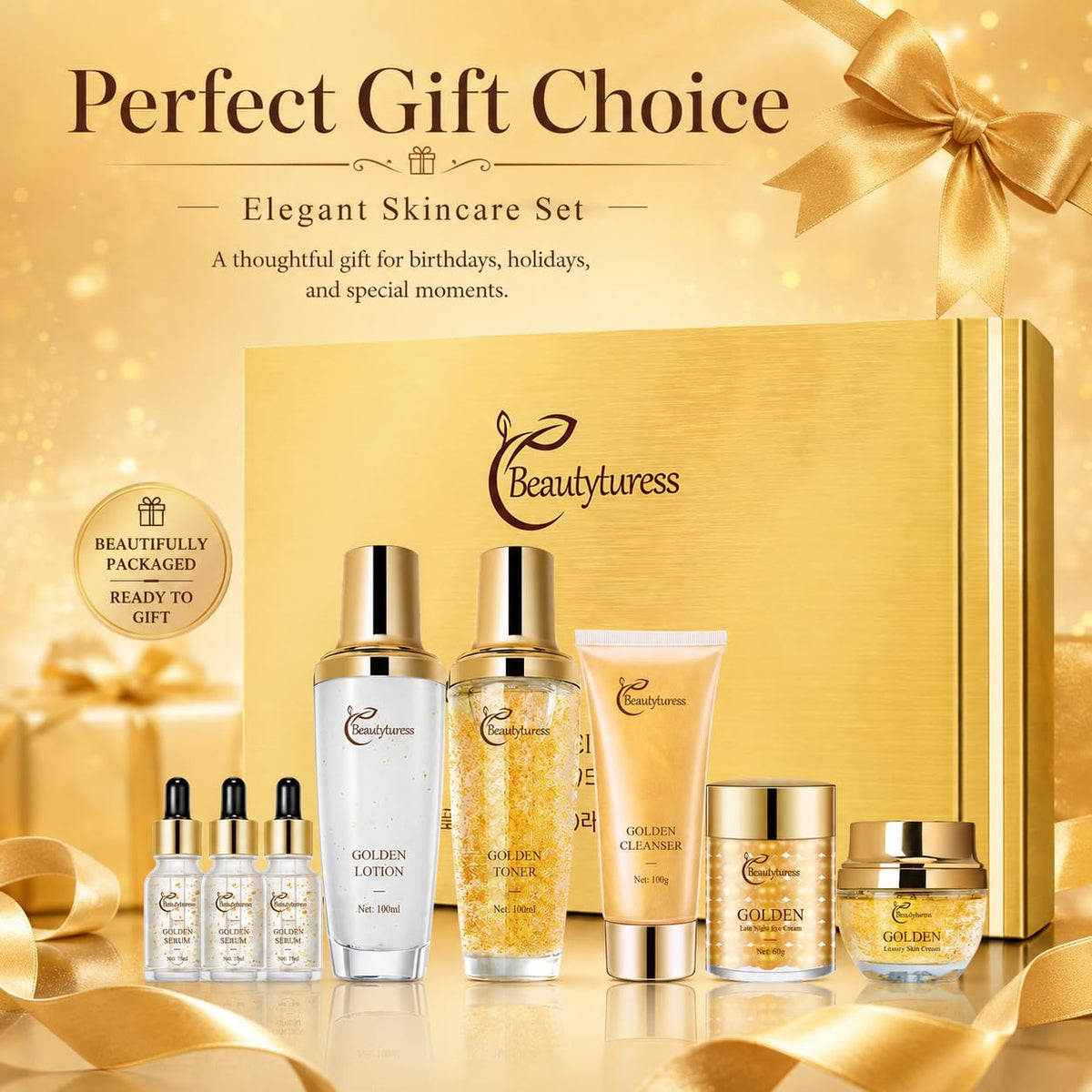 Golden Facial Skin Care Set with Cleanser Toner Lotion Face - BEAUTYTURESS Official Imagery - 8
