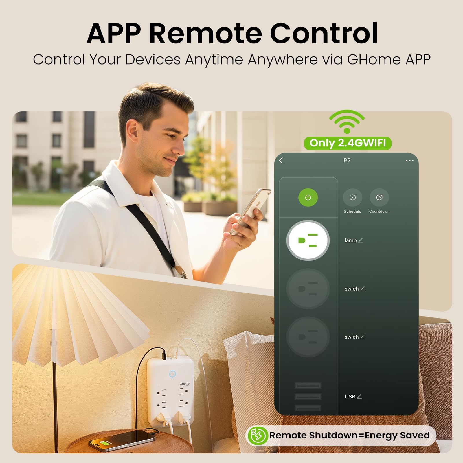 GHome Smart Plug Outlet Extender, USB Wall Charger with 3 Individ - GHome Smart Official Product View 4