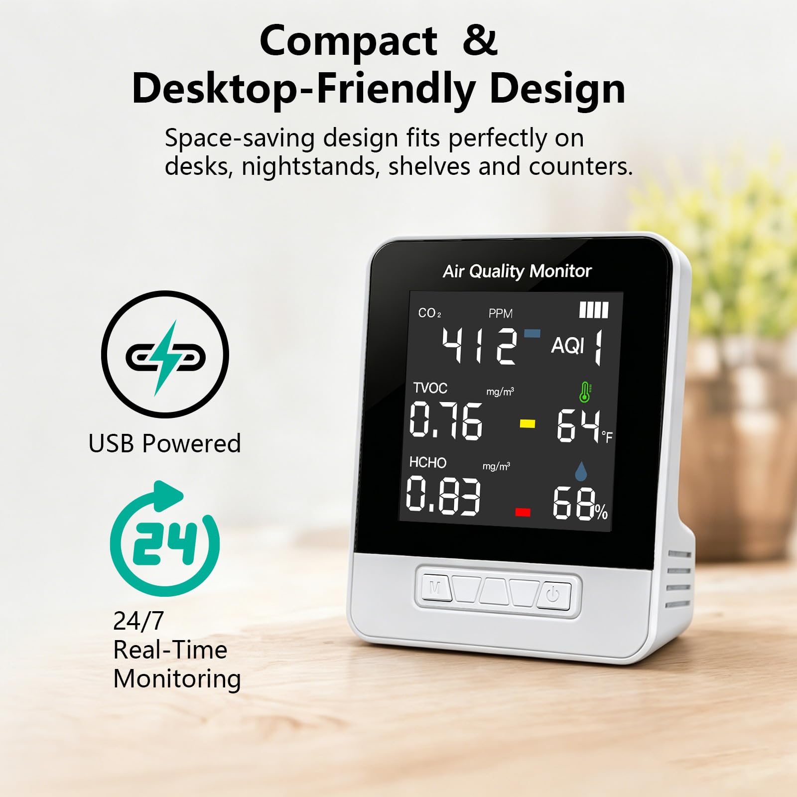 6-in-1 Air Quality Monitor | CO2 TVOC HCHO AQI Meter DA10