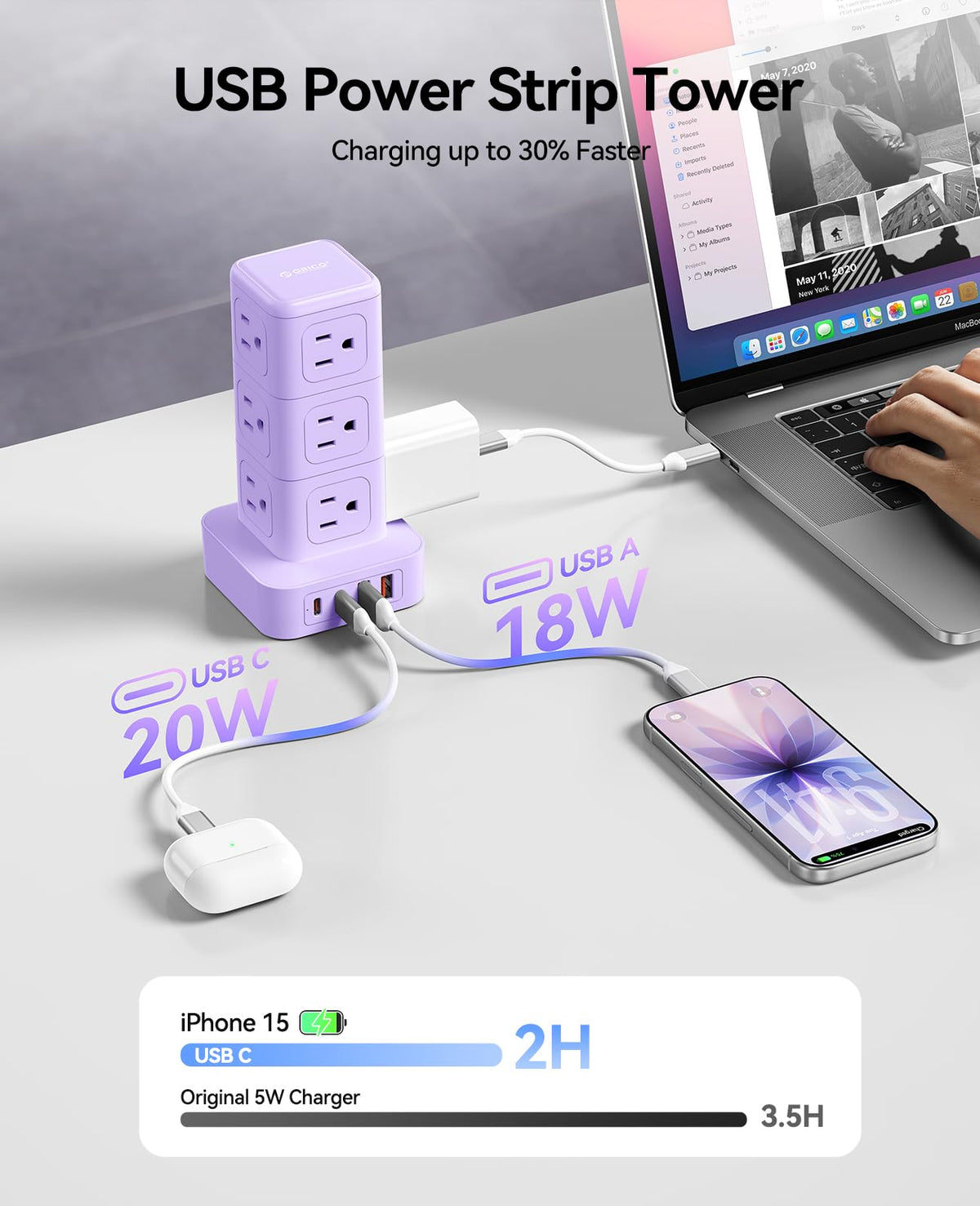 ORICO 10FT Extension Cord with 12 AC Outlets 4 USB Surge - ORICO Official Imagery - 5