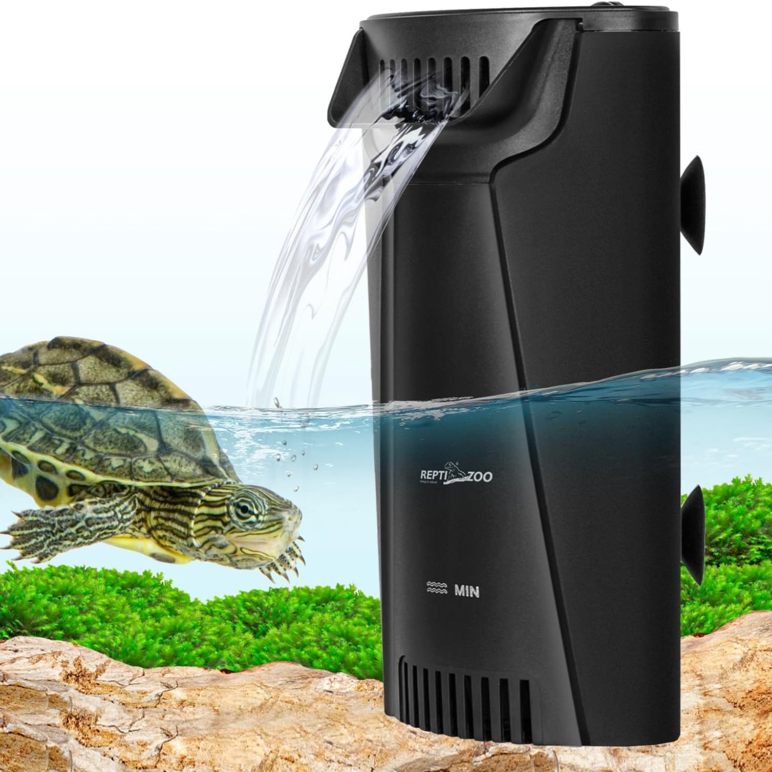 REPTI ZOO turtle tank filter, corner internal filter with 92 GPH flow rate for aquarium filtration, visible in the image.