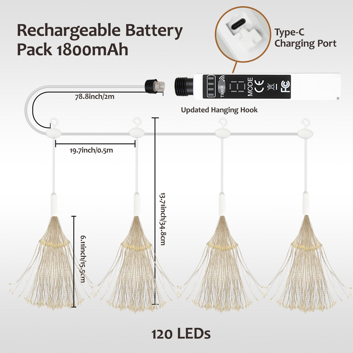 WIND STAR Firework Lights Hanging 480 LED Rechargeable - WIND STAR Official Imagery - 4